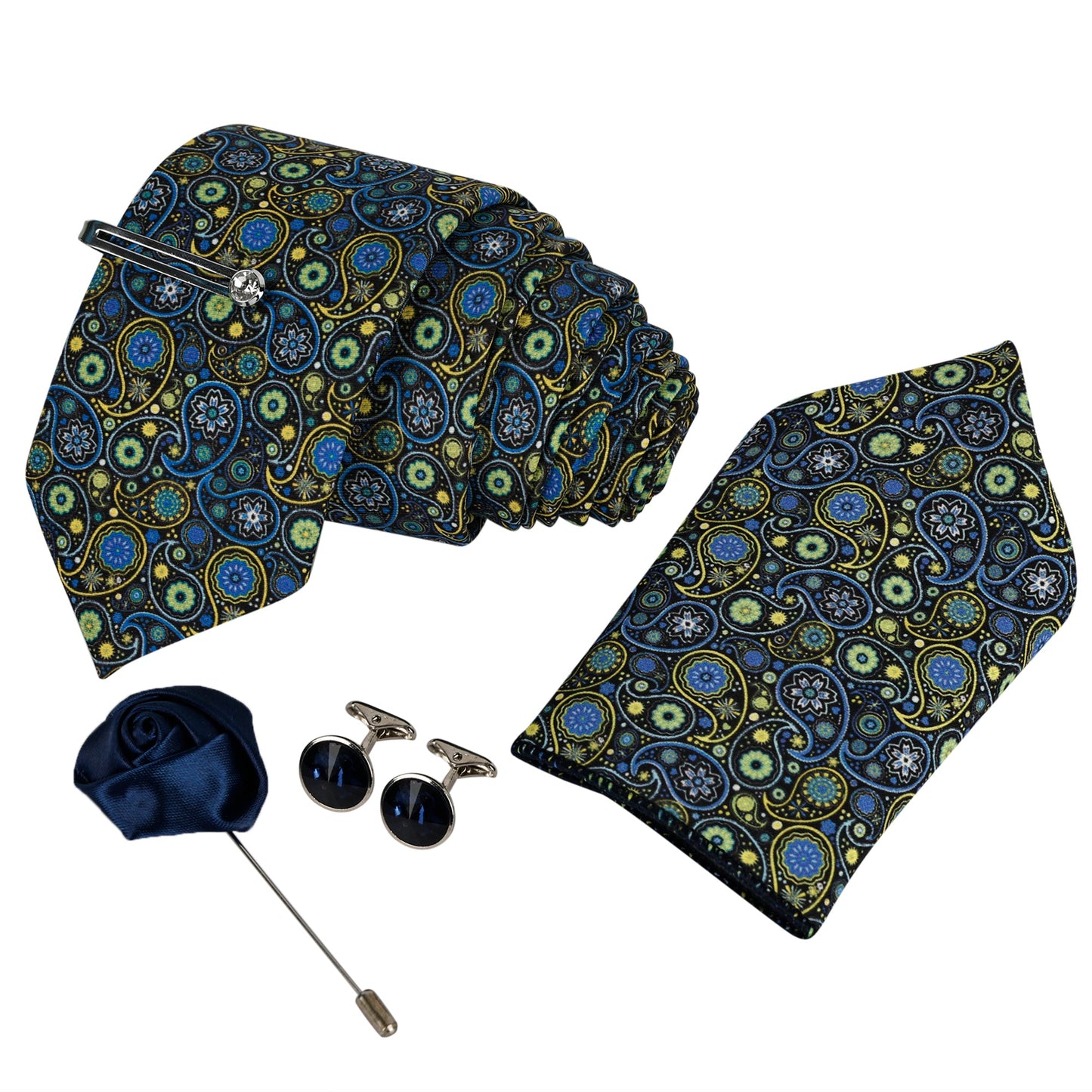 Dodger Navy Luxury Italian Silk Necktie Set With Pocket Square Silver Tie pin, Cufflinks & Brooch