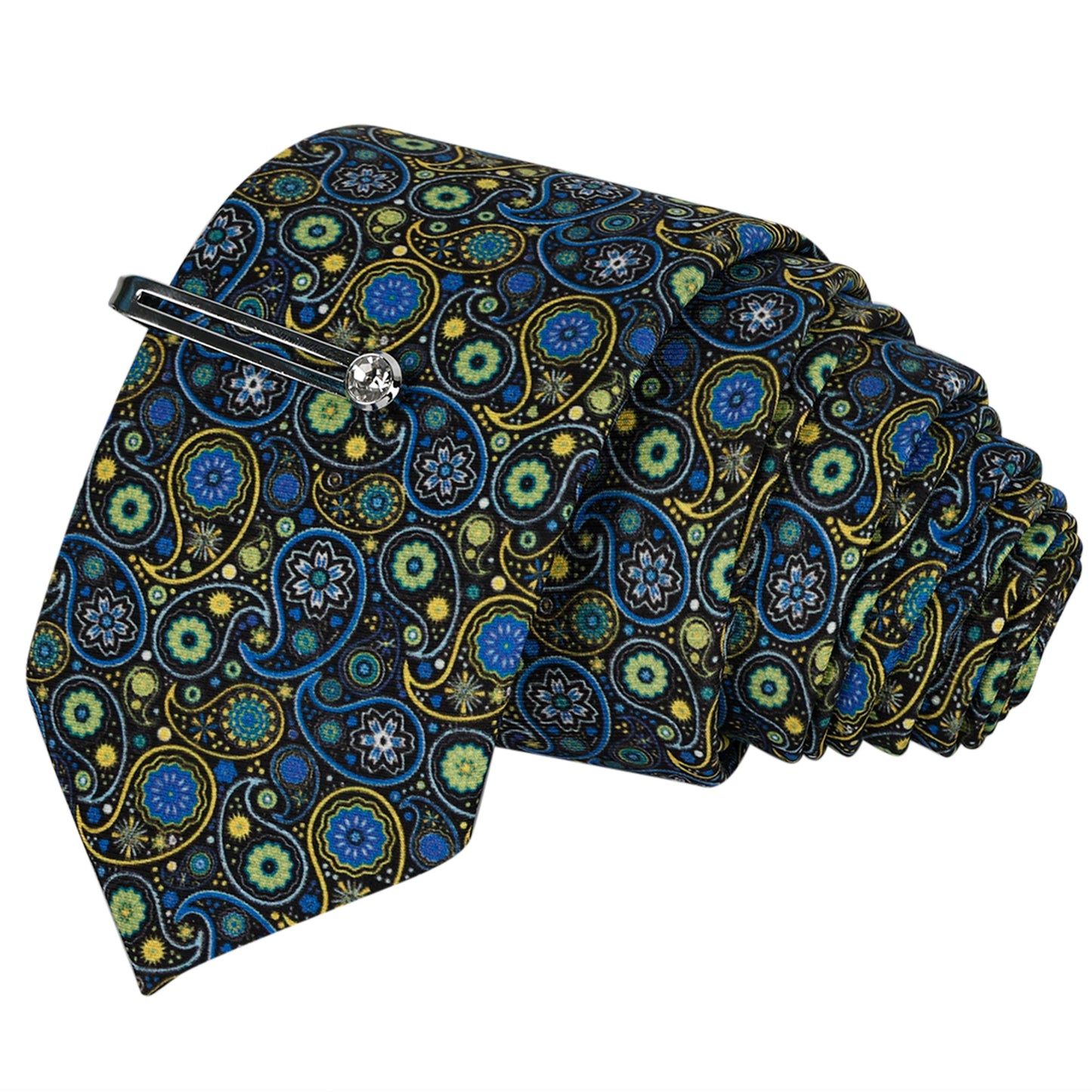 Dodger Navy Luxury Italian Silk Necktie Set With Pocket Square Silver Tie pin, Cufflinks & Brooch