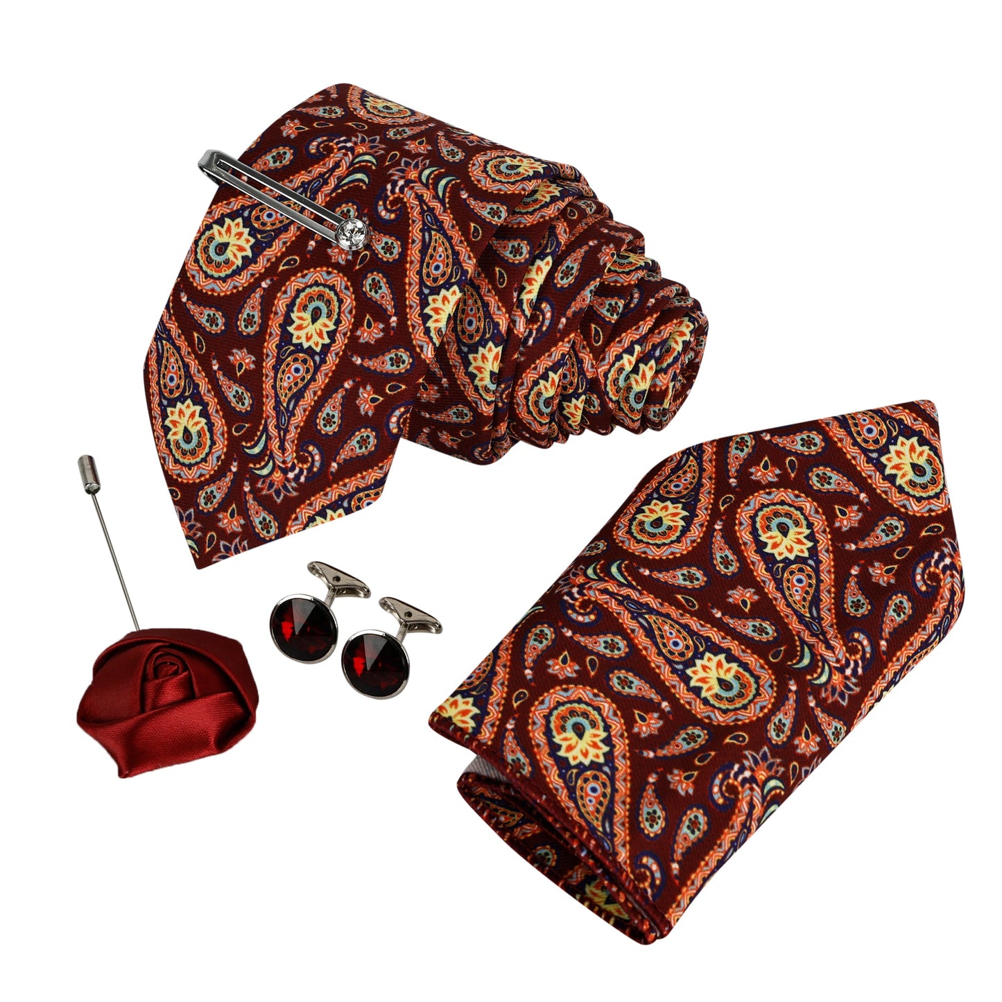 Berry Red Luxury Italian Silk Necktie set With Pocket Square Silver Tie Pin, Cufflinks & Brooch