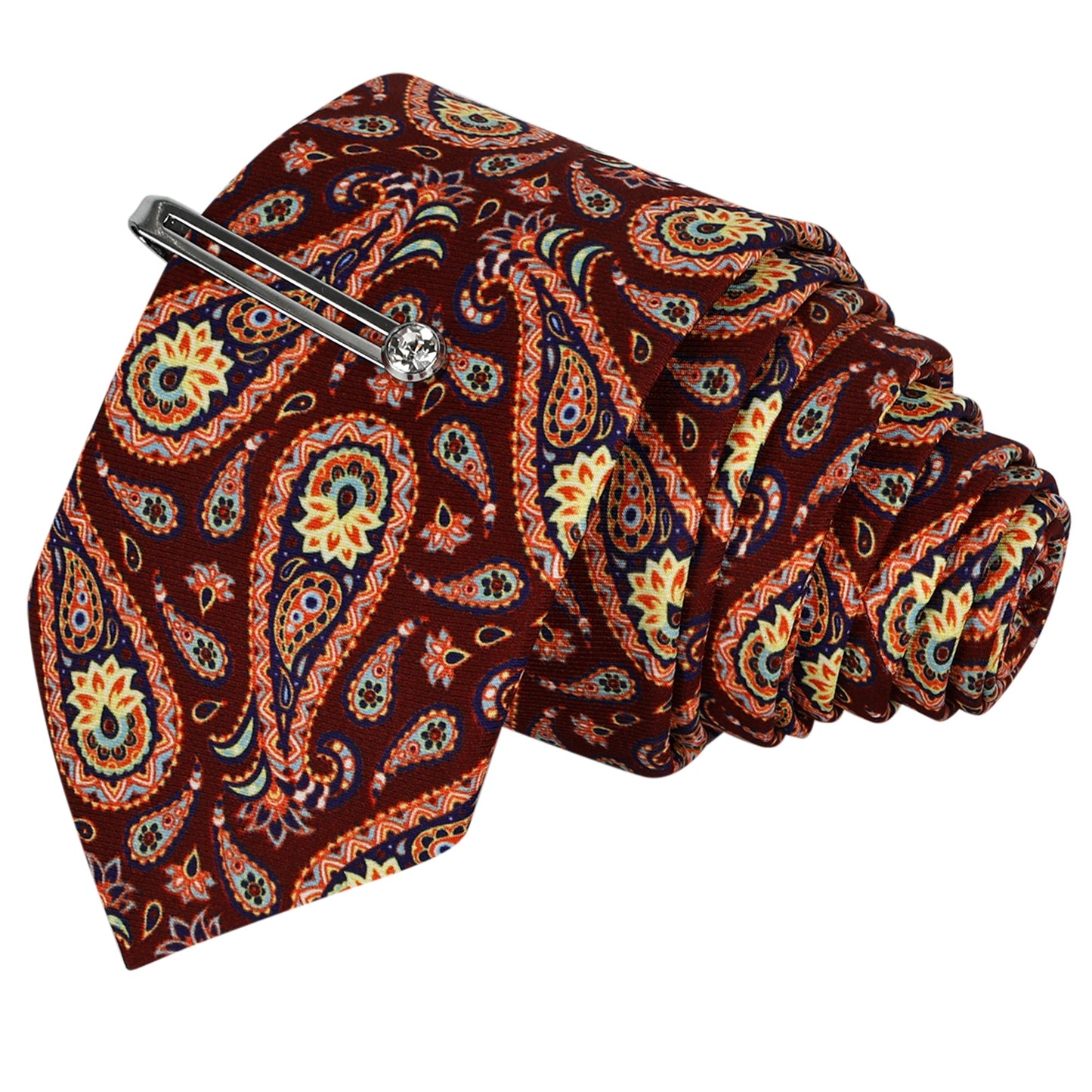 Berry Red Luxury Italian Silk Necktie set With Pocket Square Silver Tie Pin, Cufflinks & Brooch