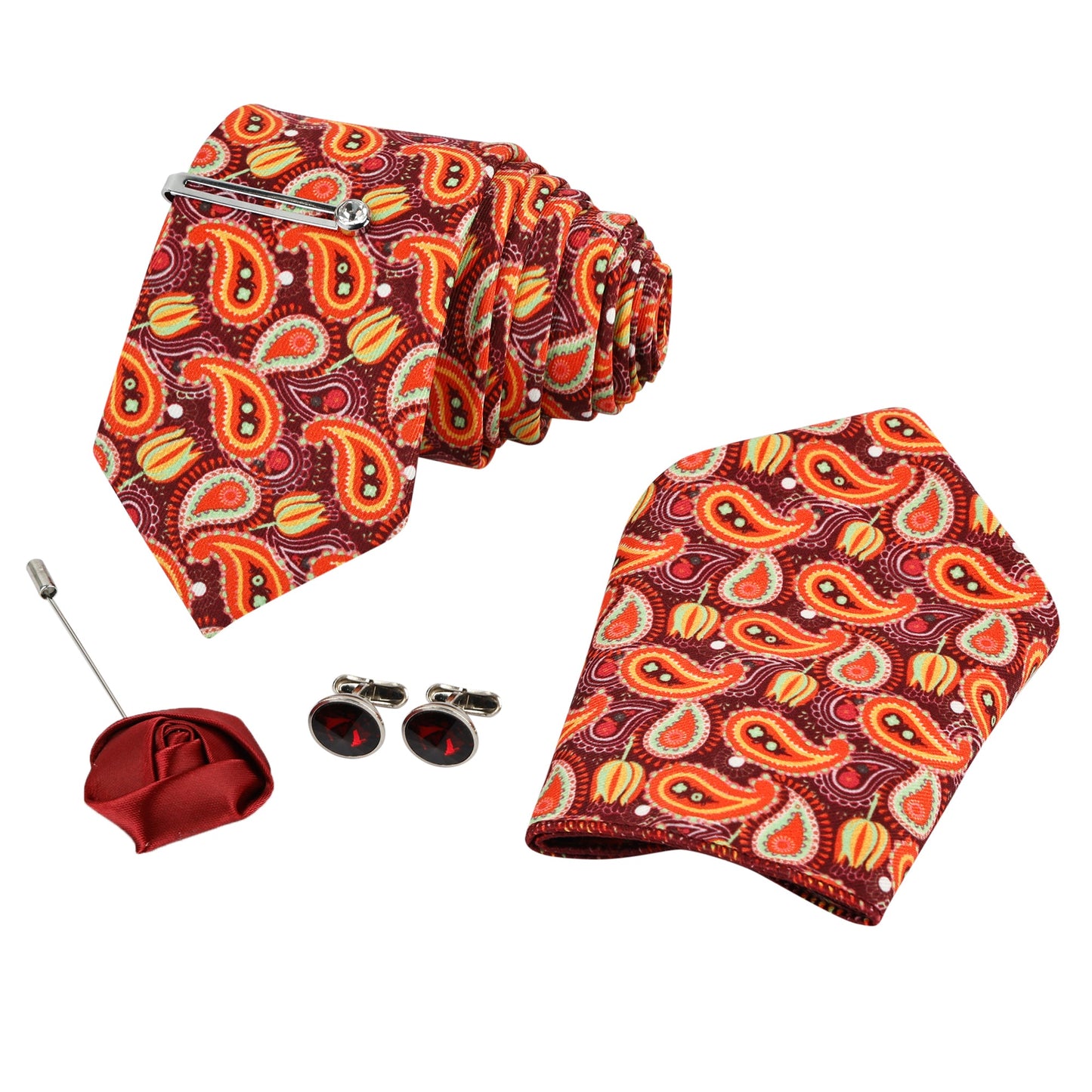 International Mehroon Luxury Italian Silk Necktie Set With Pocket Square Silver Tie pin, Cufflinks & Brooch