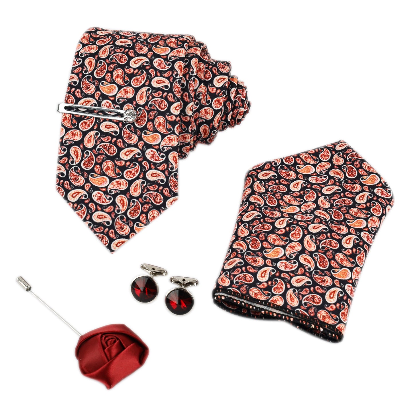 Royal Black Italian Silk Set Pocket Square Tiepin, Cufflinks & Brooch.