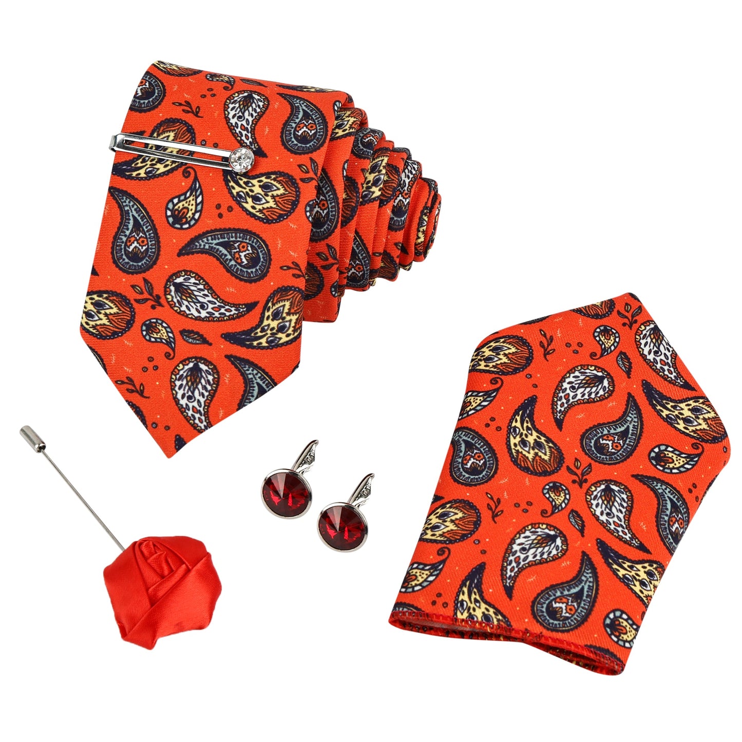 International Orange Luxury Italian Silk Necktie Set With Pocket Square Silver Tie Pin, Cufflinks & Brooch