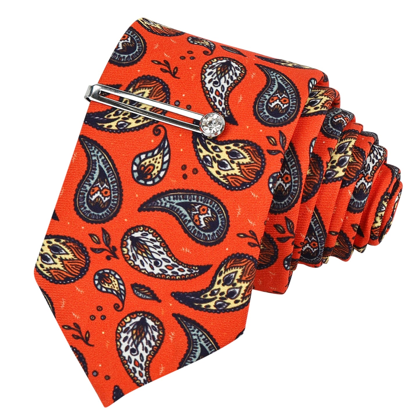 International Orange Luxury Italian Silk Necktie Set With Pocket Square Silver Tie Pin, Cufflinks & Brooch