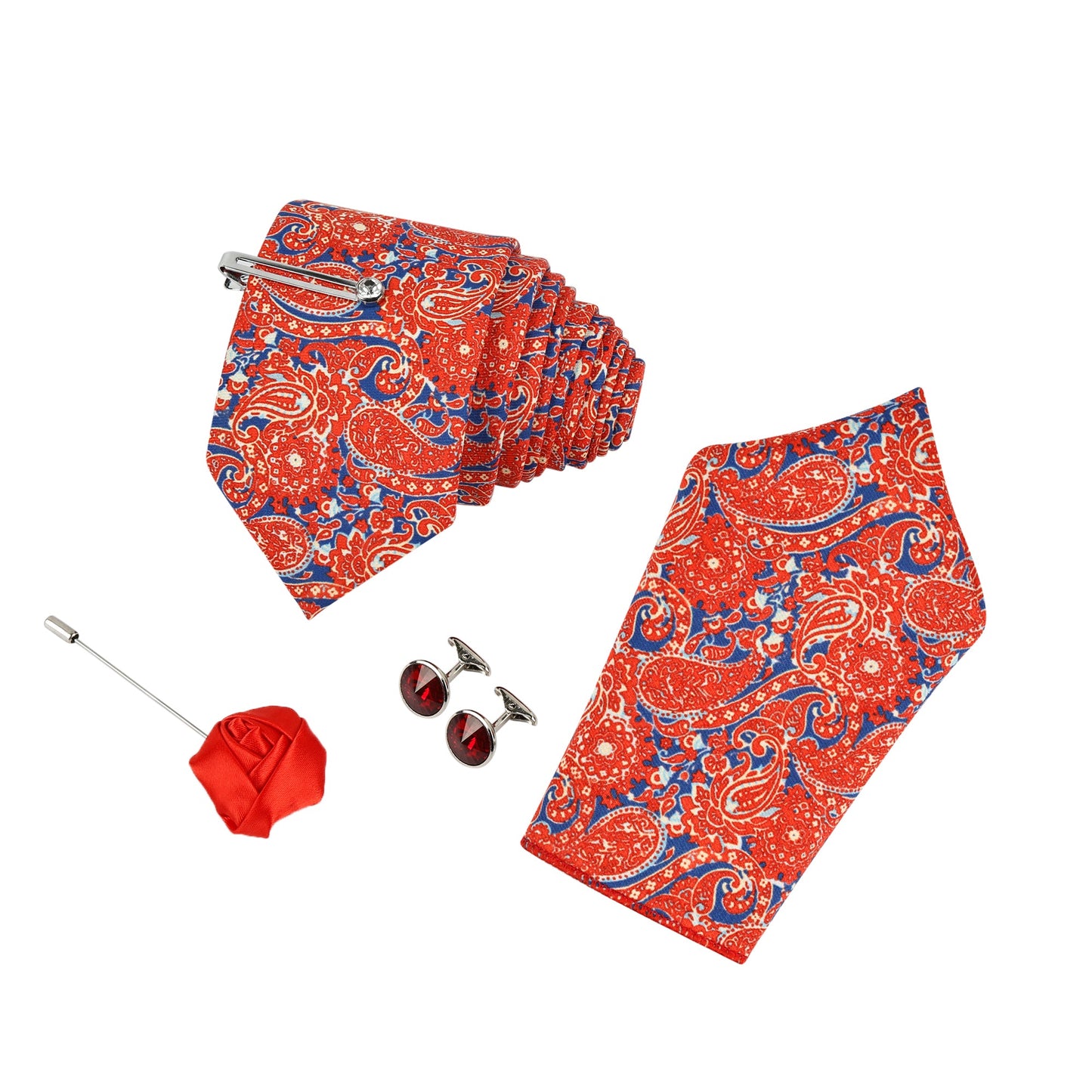 Blaze Orange Luxury Italian Silk Necktie Set With Pocket Square, Silver Tie Pin, Cufflinks & Brooch