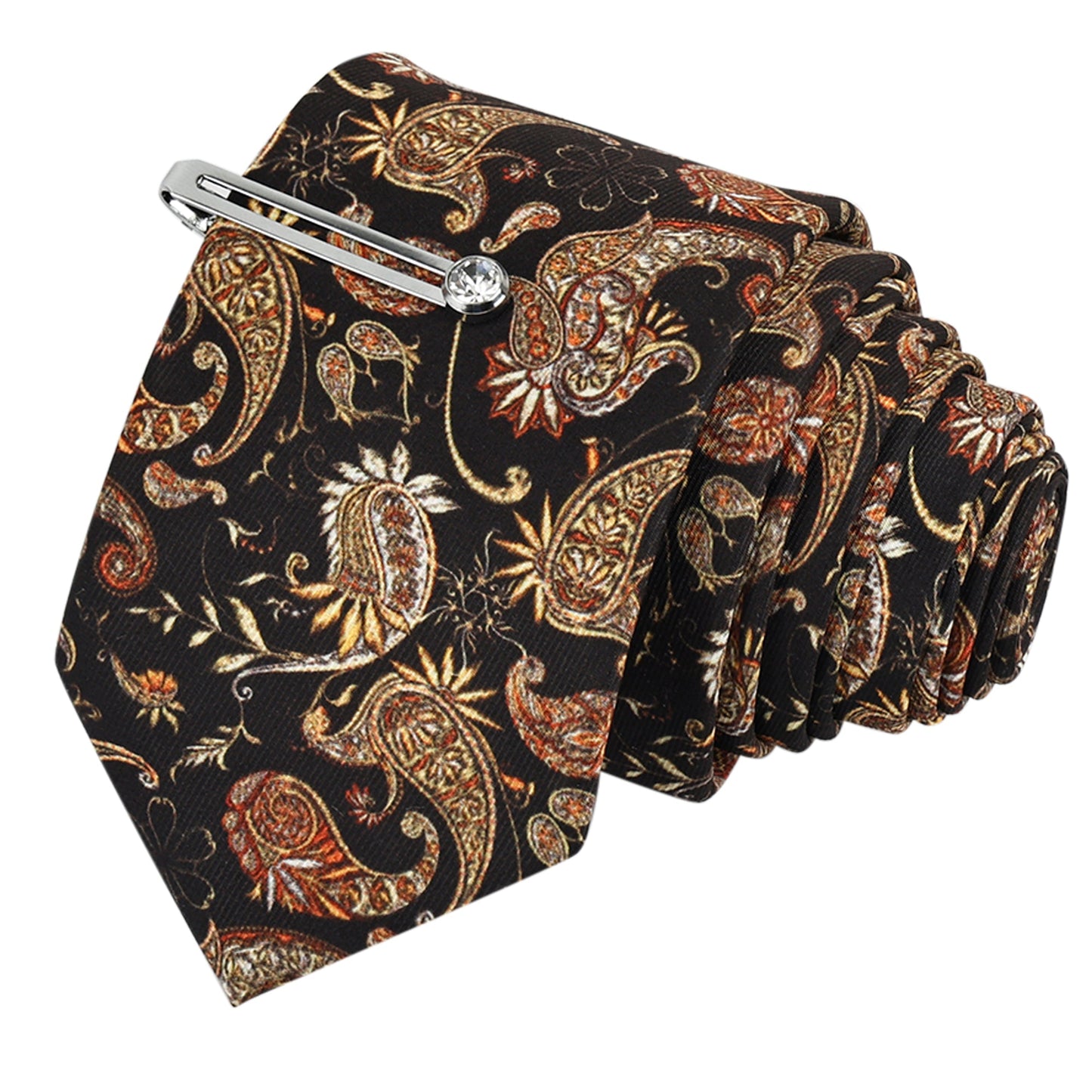 Ravan Black Luxury Italian Silk Necktie Set With Pocket Square Silver Tie Pin, Cufflinks & Brooch
