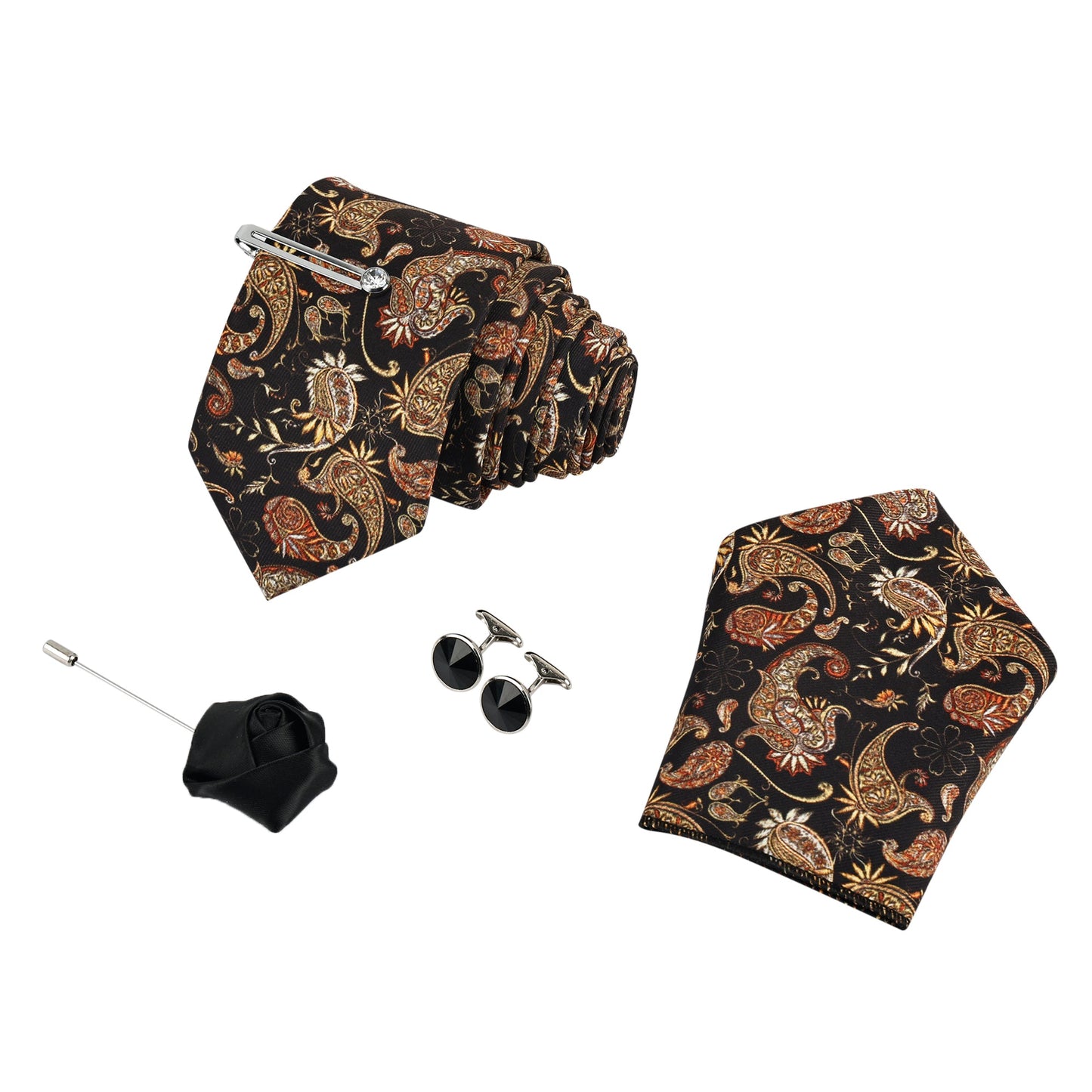Ravan Black Luxury Italian Silk Necktie Set With Pocket Square Silver Tie Pin, Cufflinks & Brooch