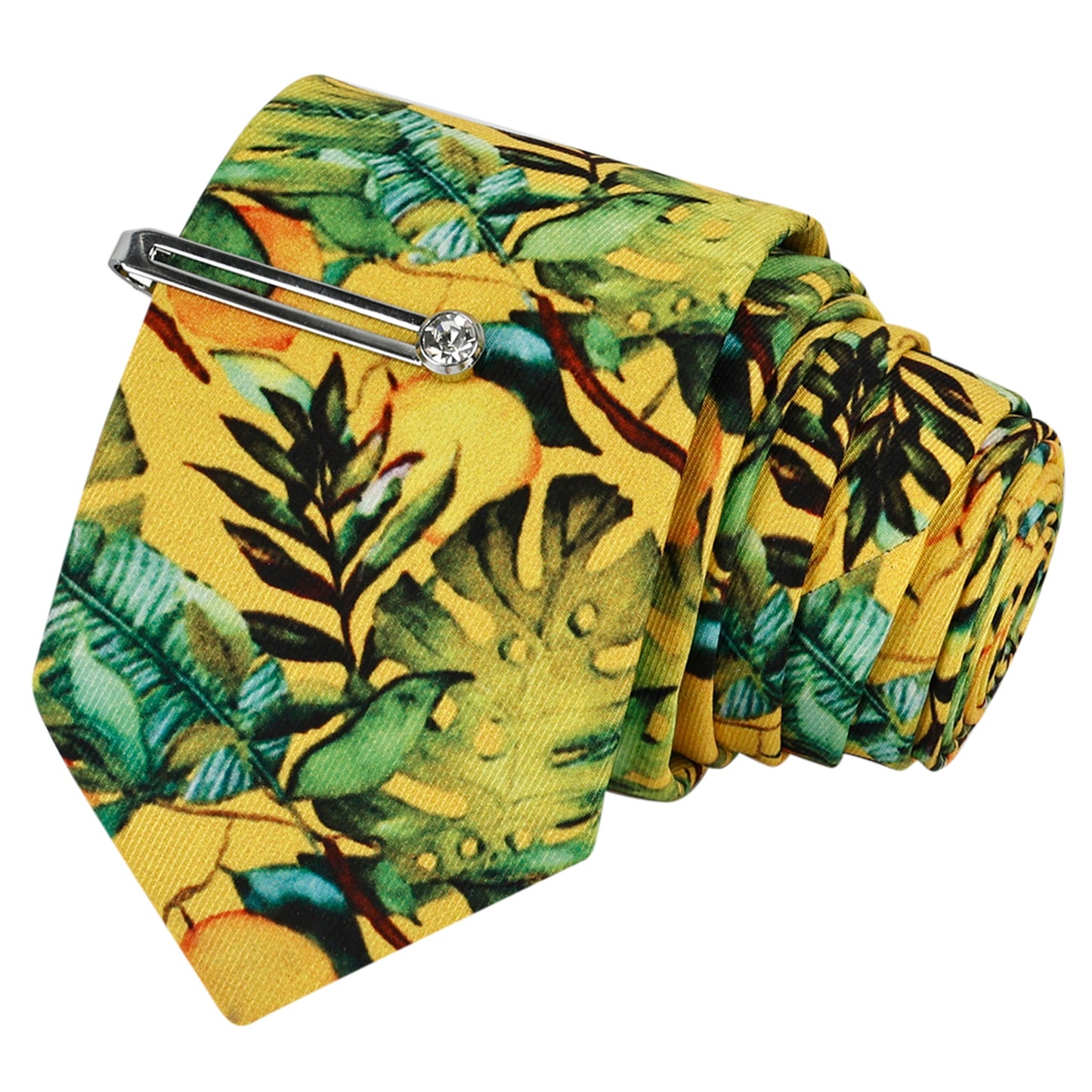 Sheen Yellow Luxury Italian Silk Necktie Set With Pocket Square Silver Tie Pin, Cufflinks & Brooch