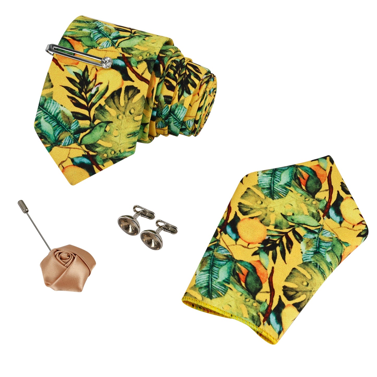 Sheen Yellow Luxury Italian Silk Necktie Set With Pocket Square Silver Tie Pin, Cufflinks & Brooch