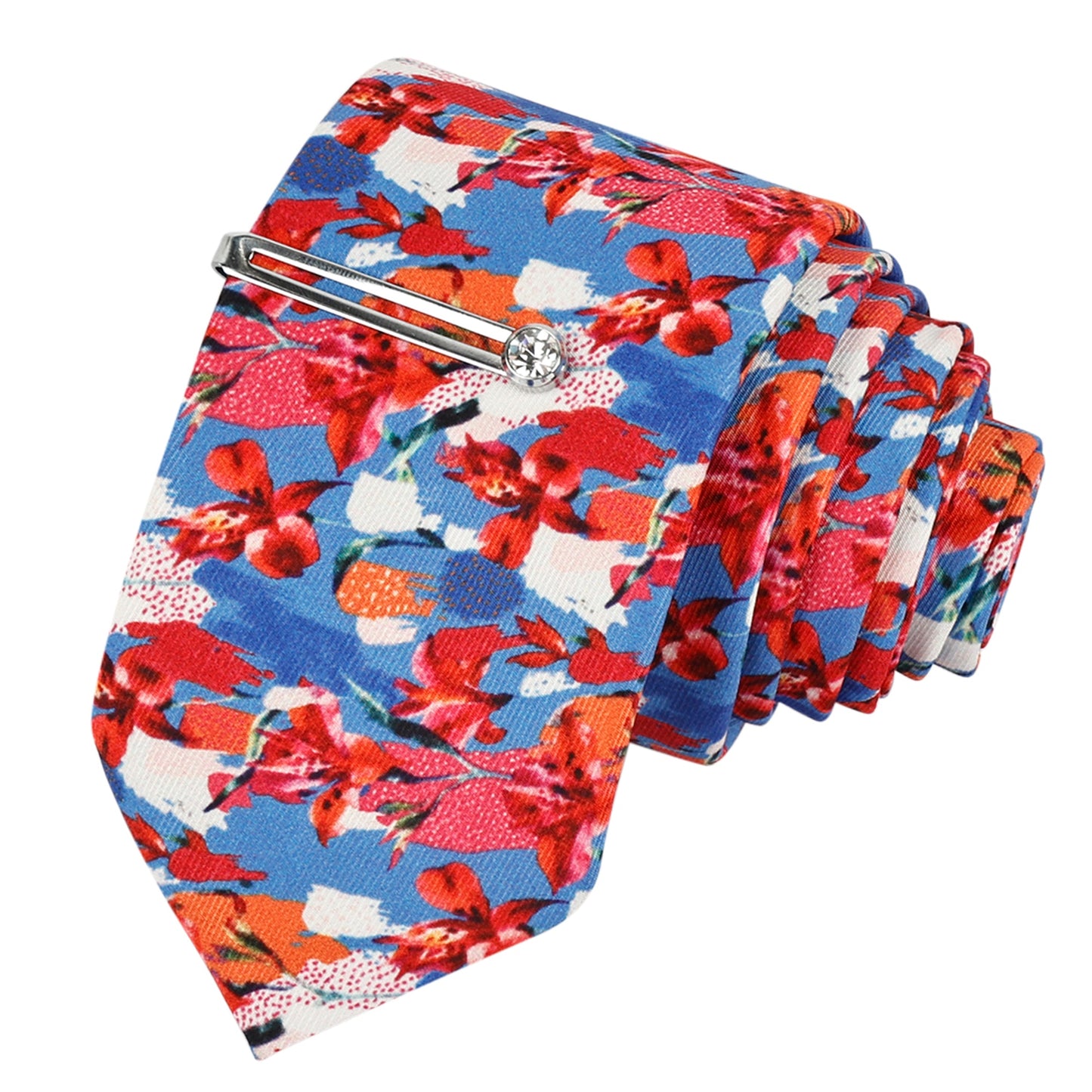 Multi Flower Luxury Italian Silk Necktie Set With Pocket Square Silver Tie Pin, Cufflinks & Brooch