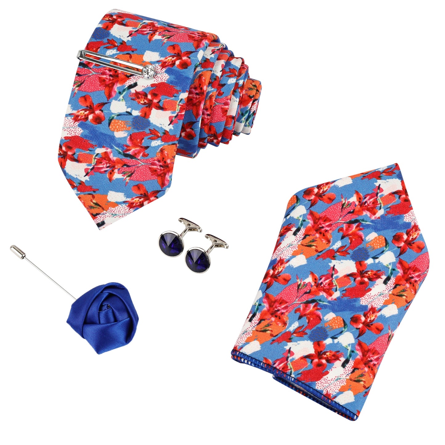 Multi Flower Luxury Italian Silk Necktie Set With Pocket Square Silver Tie Pin, Cufflinks & Brooch