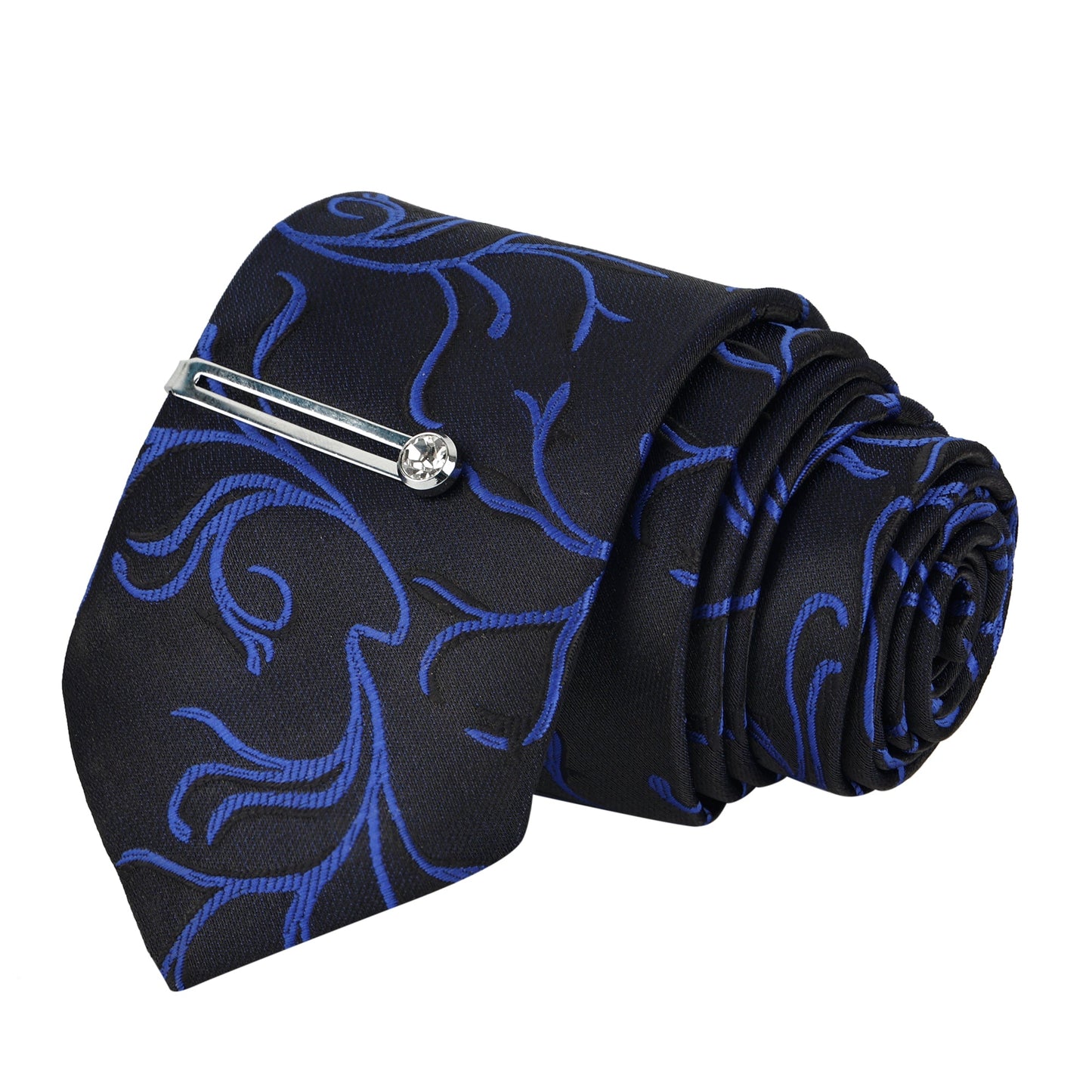Marine Blue Italian Neckties With Pocket Square Silver Tie Pin, Cufflinks & Brooch