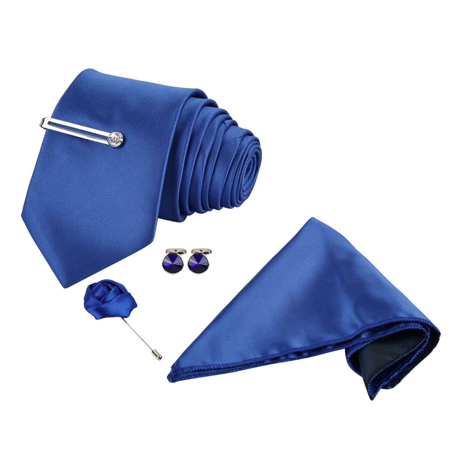 Royal Blue luxury Solid Necktie Set With Pocket Square Silver Tie Pin, Cufflinks & Brooch