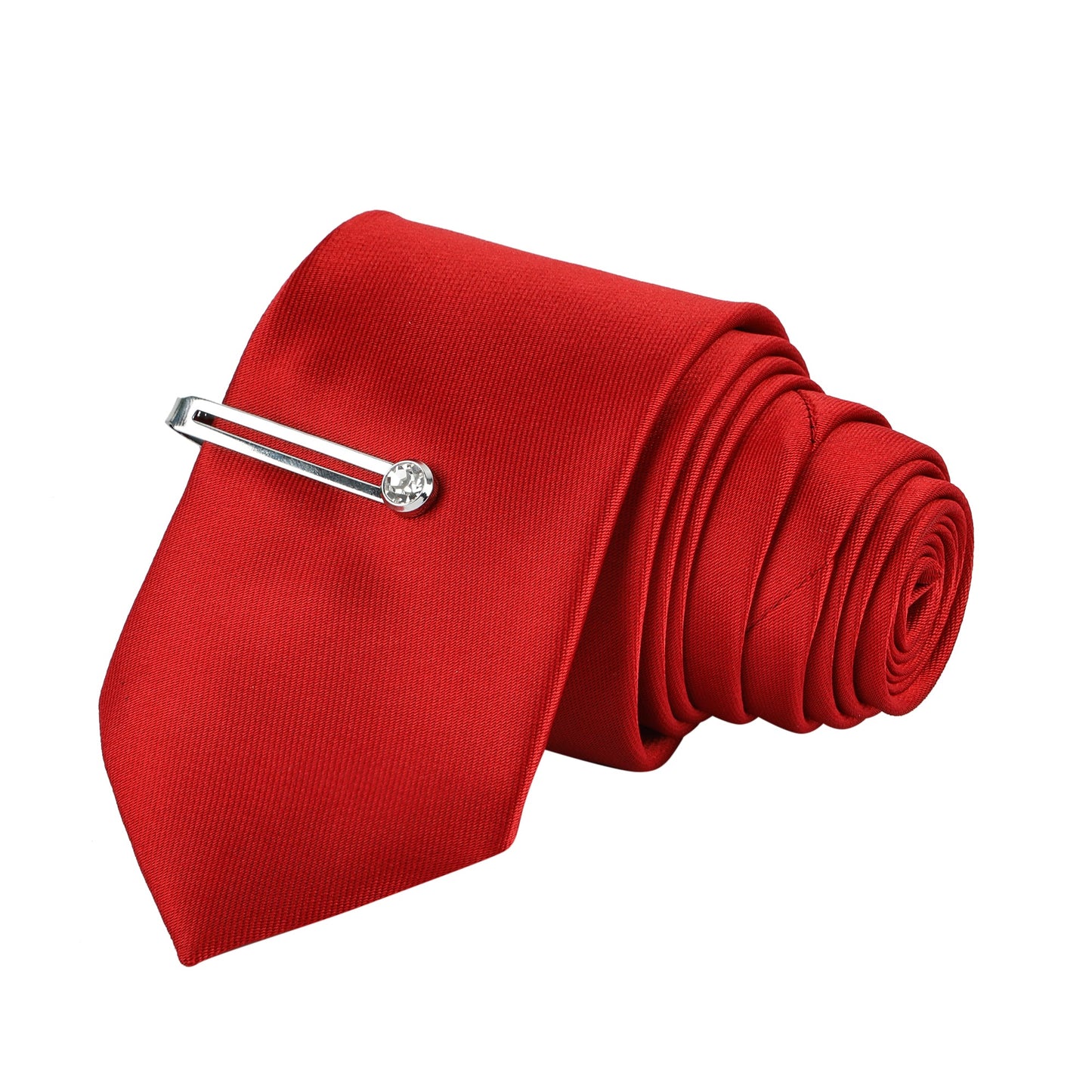Red Color Luxury Solid Necktie Set With Pocket Square Silver Tie Pin, Cufflinks & Brooch