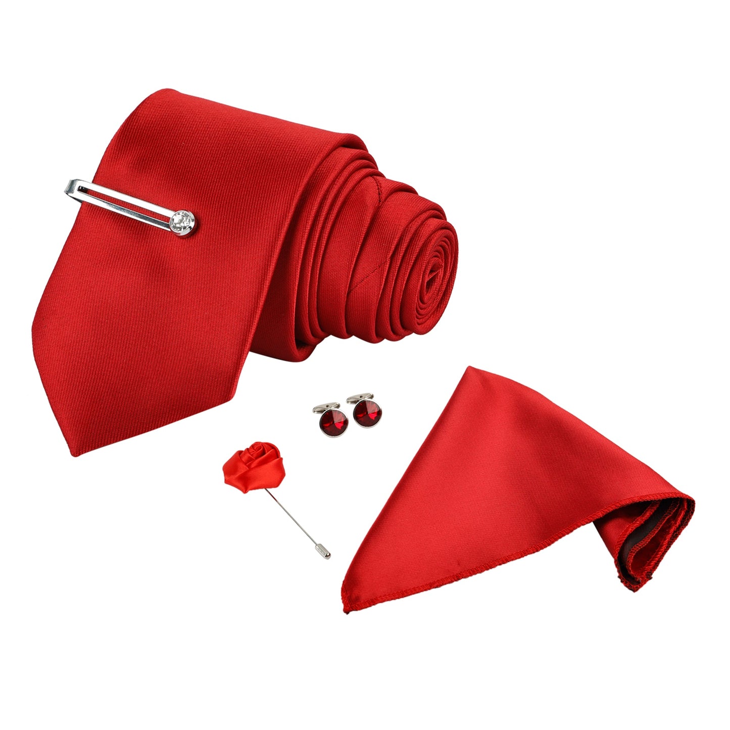 Red Color Luxury Solid Necktie Set With Pocket Square Silver Tie Pin, Cufflinks & Brooch