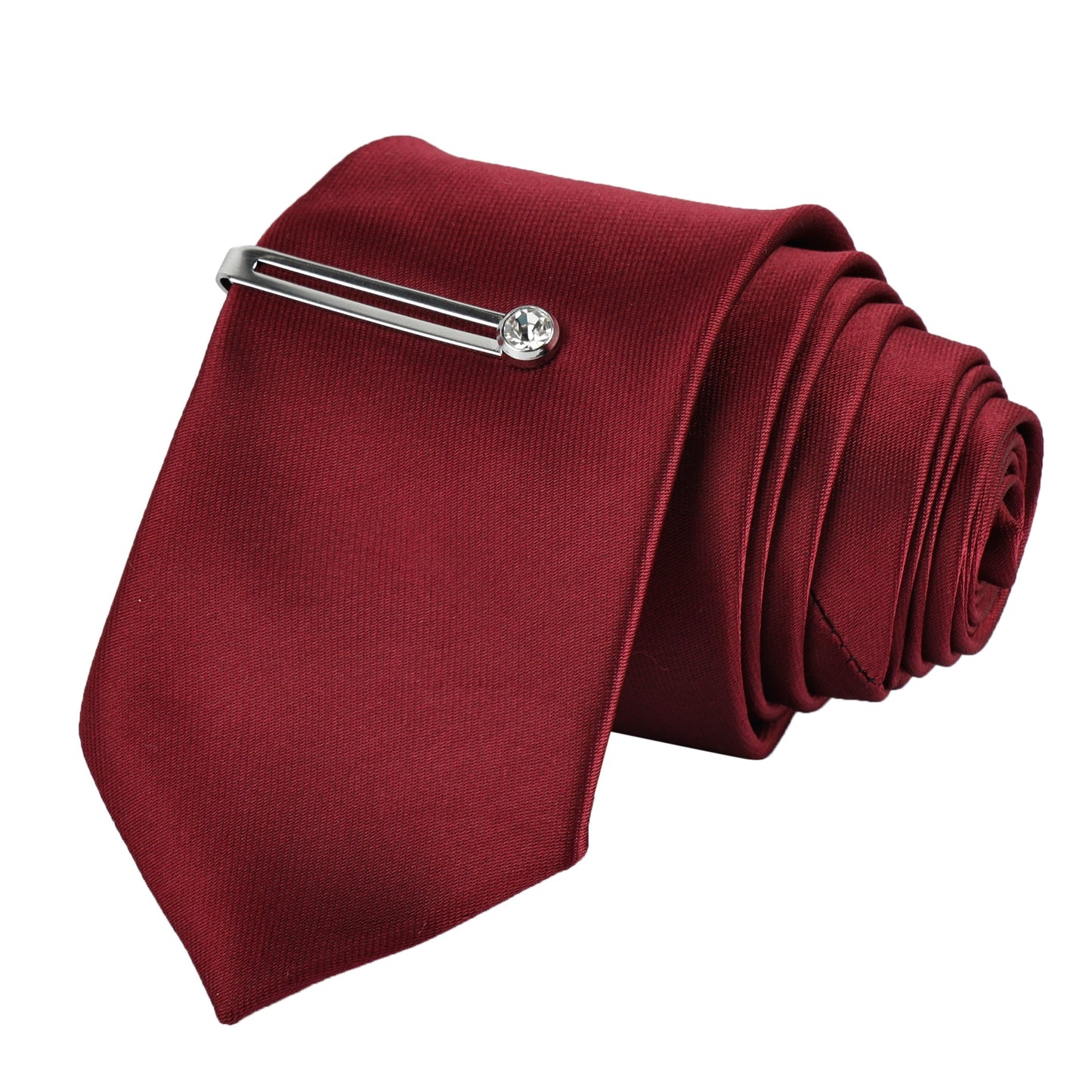 British Red Luxury Solid Necktie Set With Pocket Square Silver Tie Pin Cufflinks & Brooch