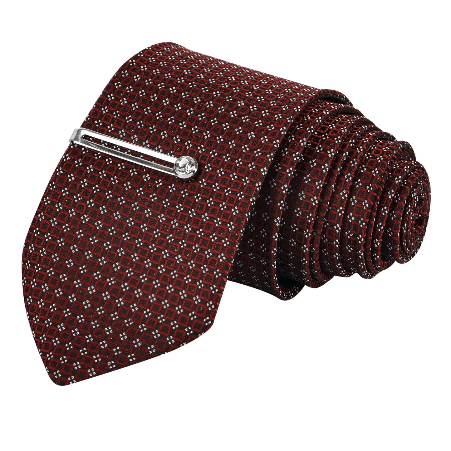 Polka Rosewood Italian Necktie With Pocket Square Silver Tie pin, Cufflinks & Brooch