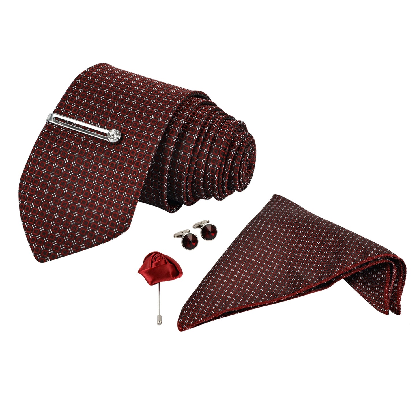 Polka Rosewood Italian Necktie With Pocket Square Silver Tie pin, Cufflinks & Brooch