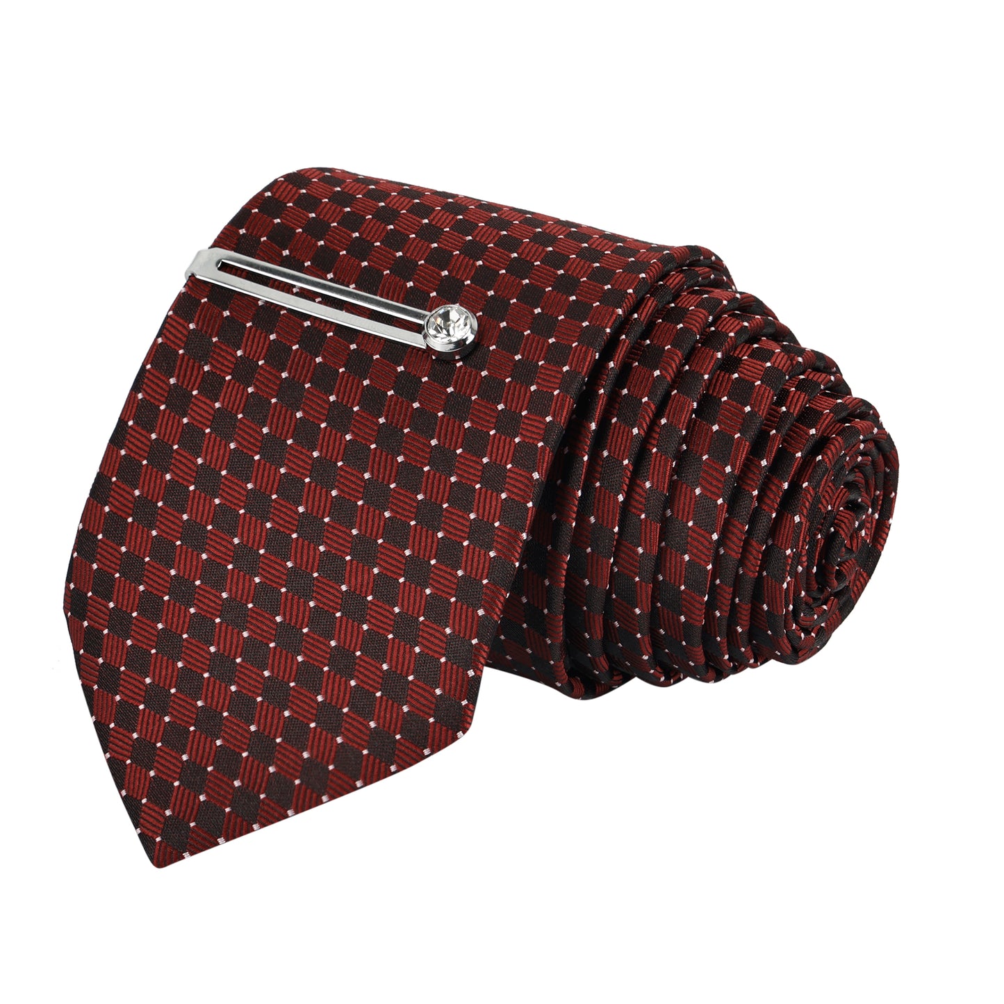 Geometric maroon Italian Necktie Set With Pocket Square Silver Tie Pin, Cufflinks & Brooch