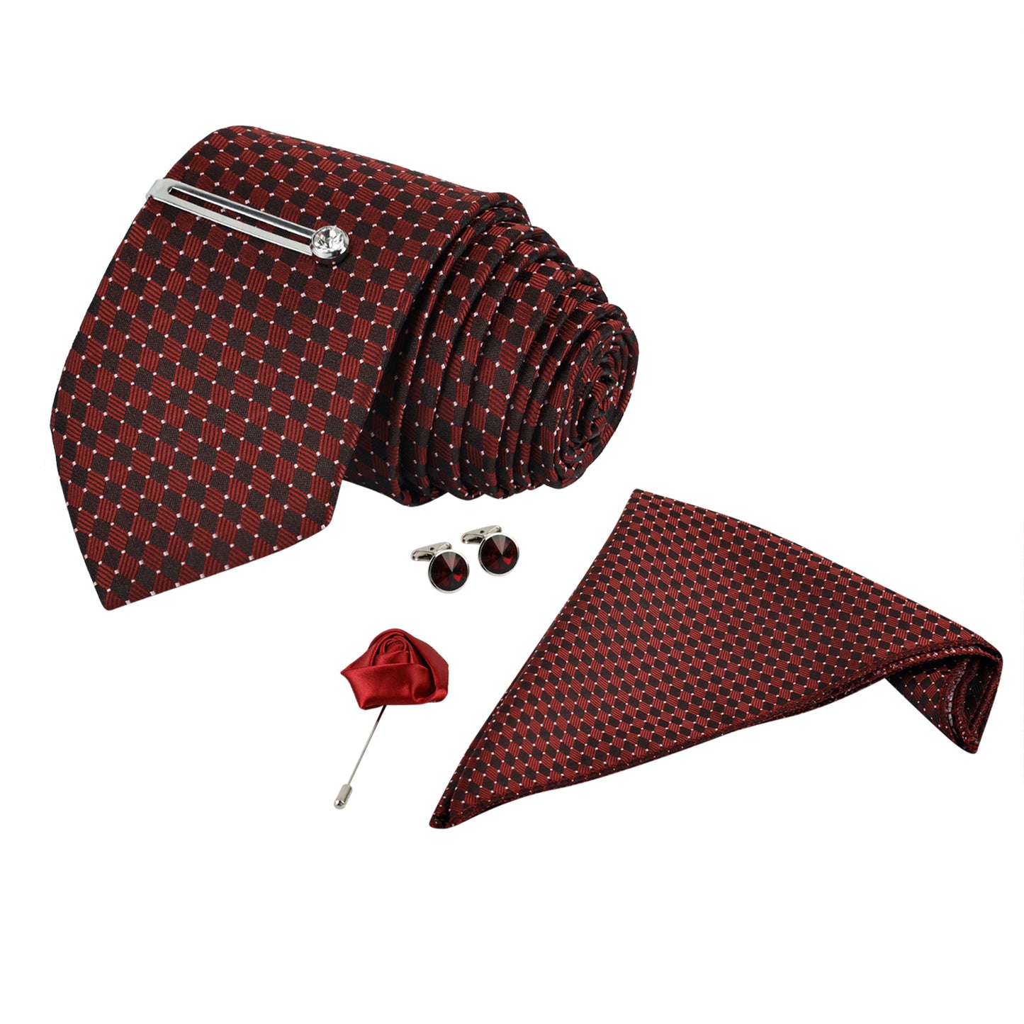 Geometric maroon Italian Necktie Set With Pocket Square Silver Tie Pin, Cufflinks & Brooch