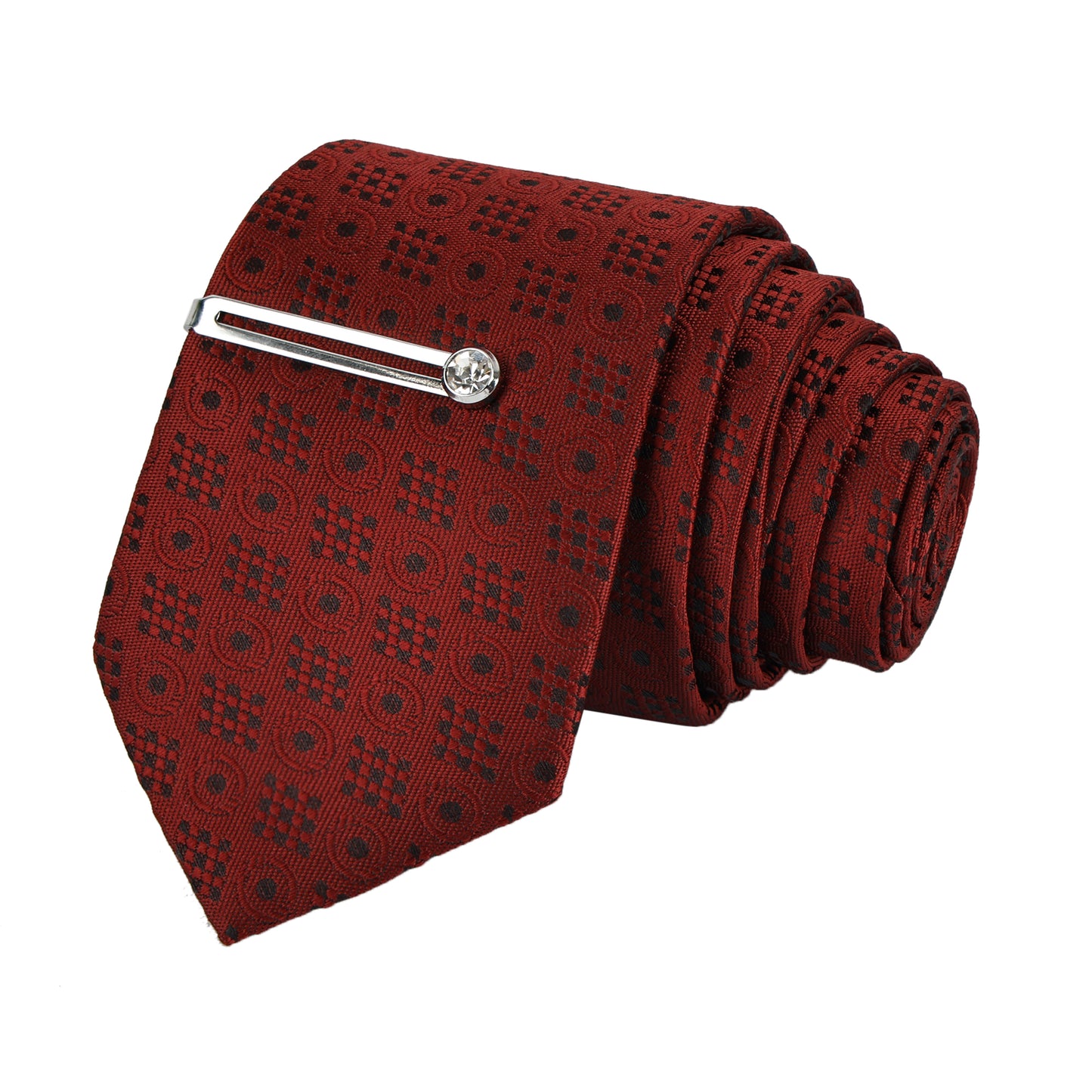 Denim Mehroon Italian Necktie Set With Pocket Square Silver Tie Pin, Cufflinks & Brooch