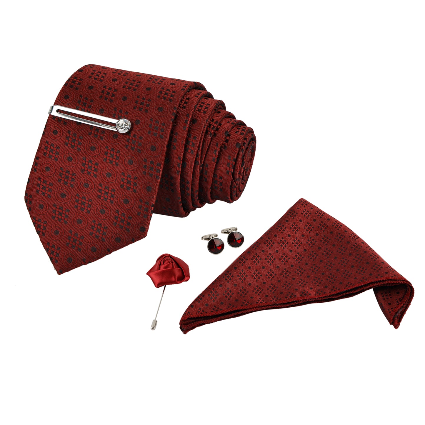 Denim Mehroon Italian Necktie Set With Pocket Square Silver Tie Pin, Cufflinks & Brooch