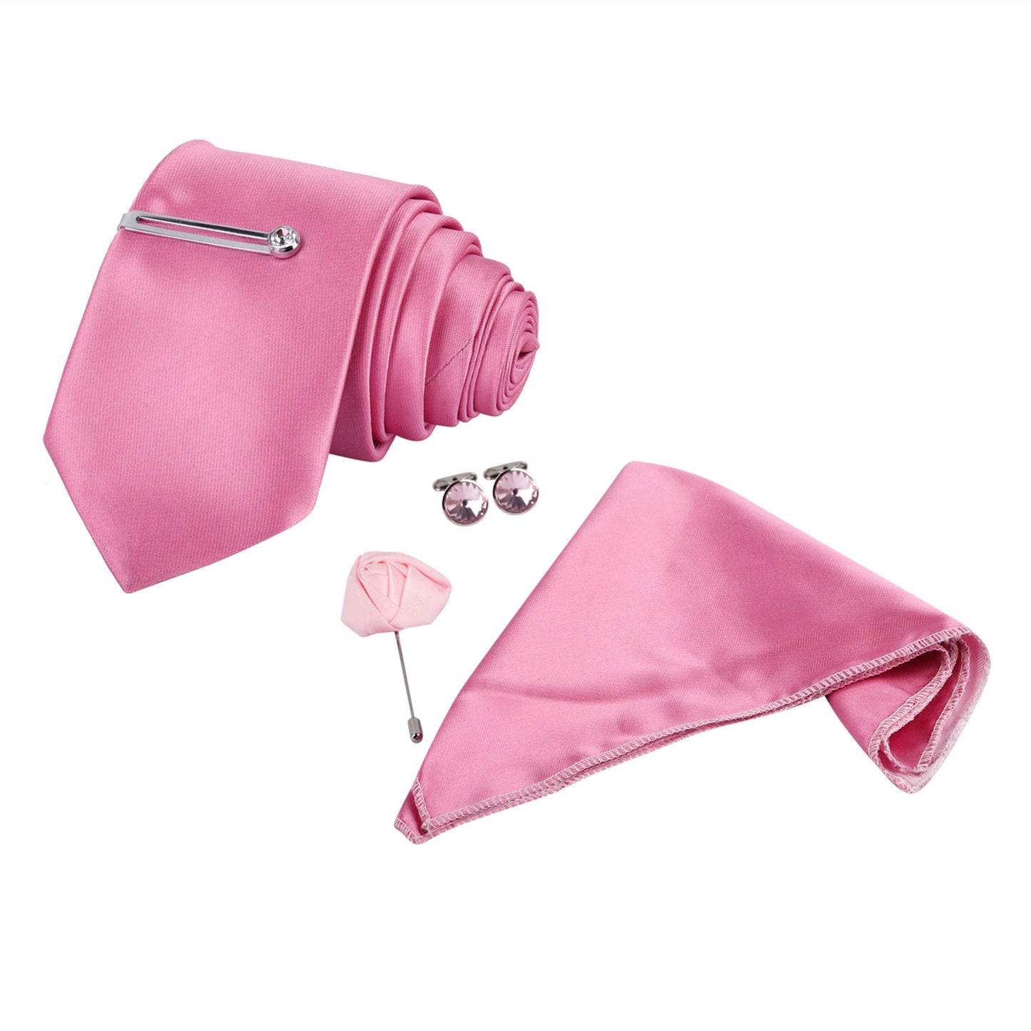 Baby Pink Luxury Solid Necktie Set With Pocket Square Silver Tie Pin, Cufflinks & Brooch