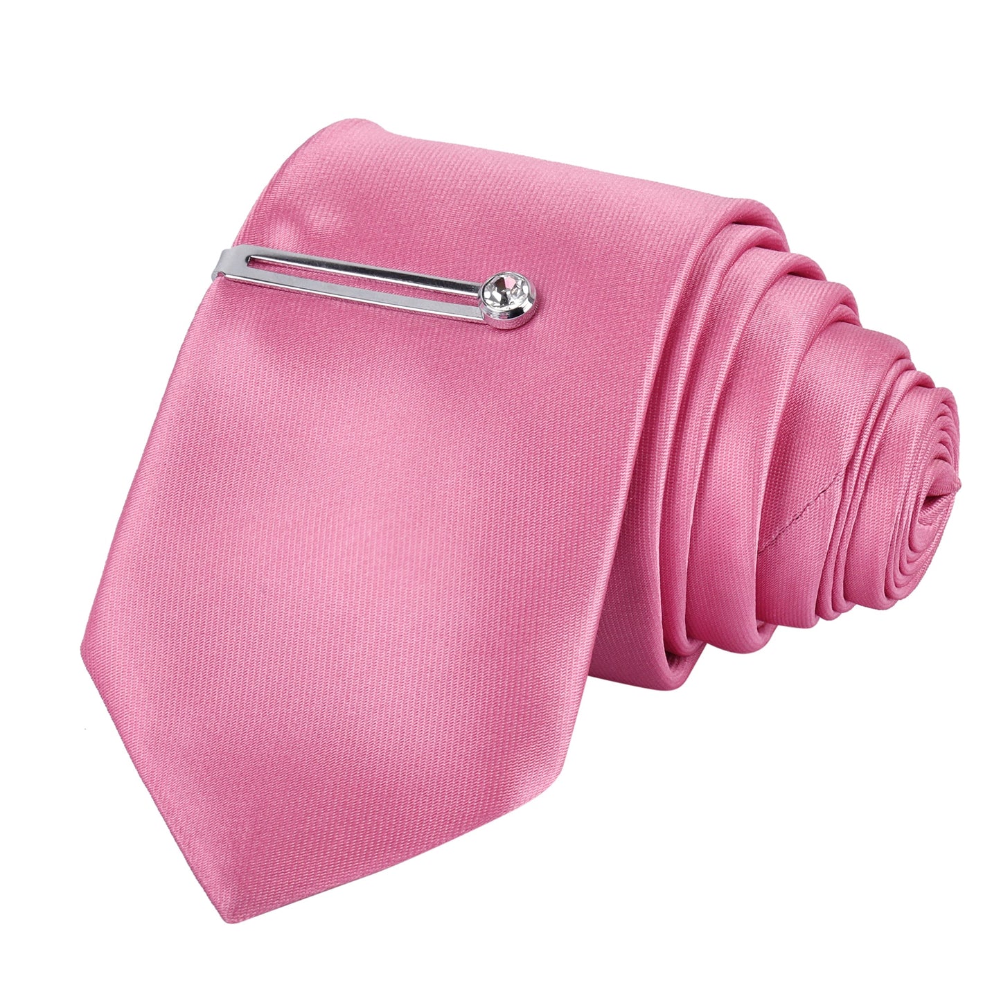 Baby Pink Luxury Solid Necktie Set With Pocket Square Silver Tie Pin, Cufflinks & Brooch