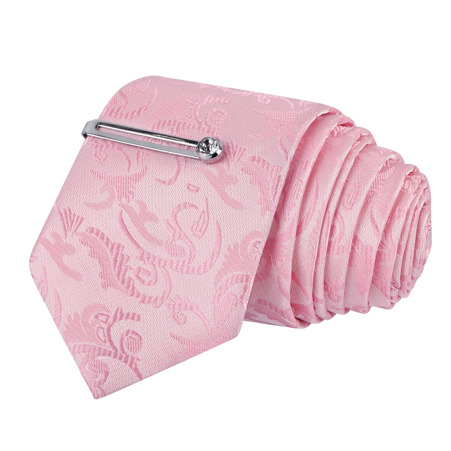 Kari baby pink Italian Necktie Set With Pocket Square Silver Tie Pin, Cufflinks & Brooch