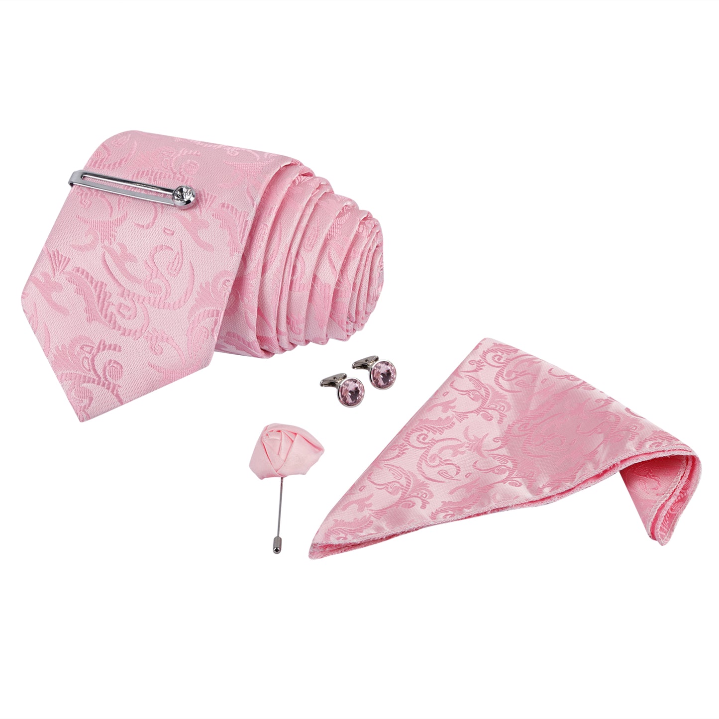 Kari baby pink Italian Necktie Set With Pocket Square Silver Tie Pin, Cufflinks & Brooch