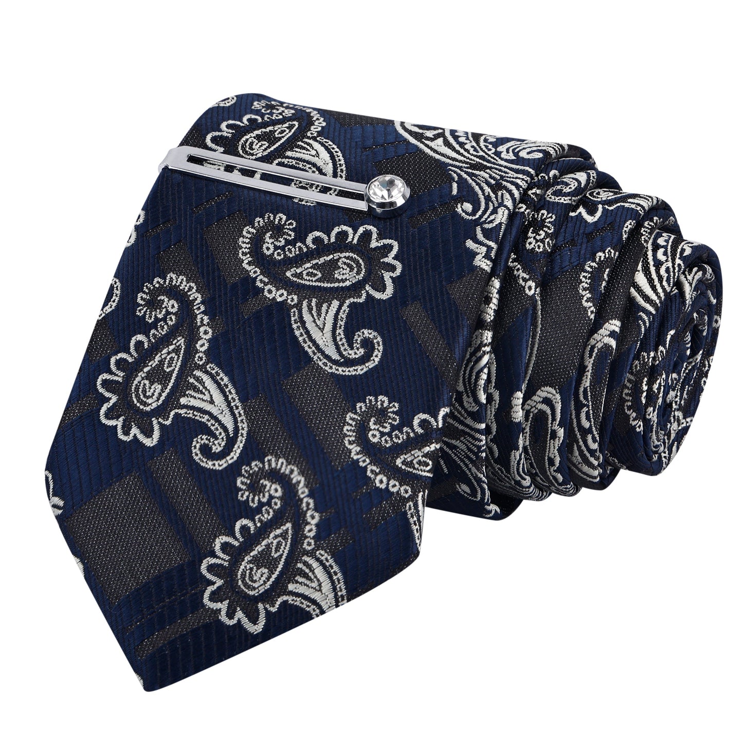 Lilac Navy Italian Necktie Set With Pocket Square Silver Tie Pin, Cufflinks & Brooch