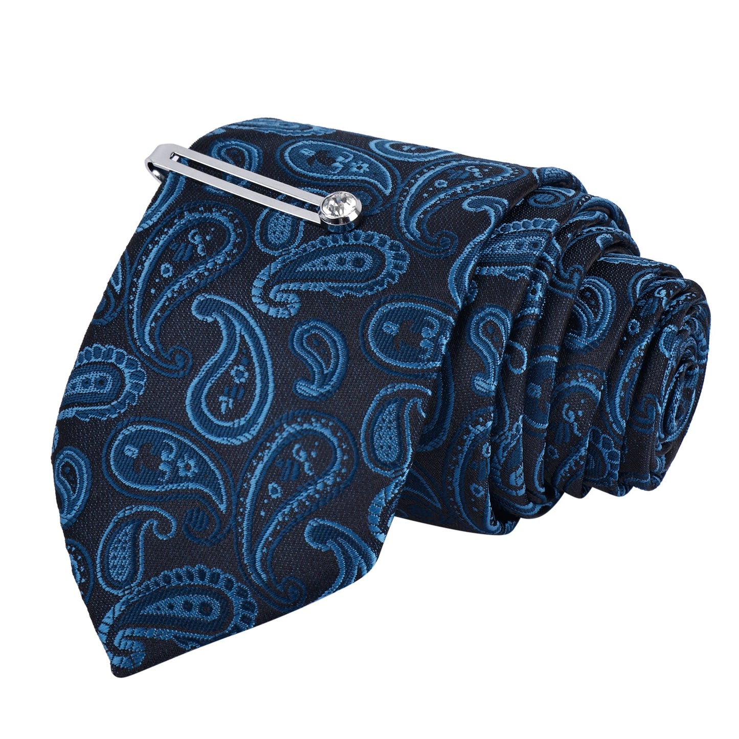 Kari Dark Navy Italian Necktie Set With Pocket Square Silver Tie Pin, Cufflinks & Brooch