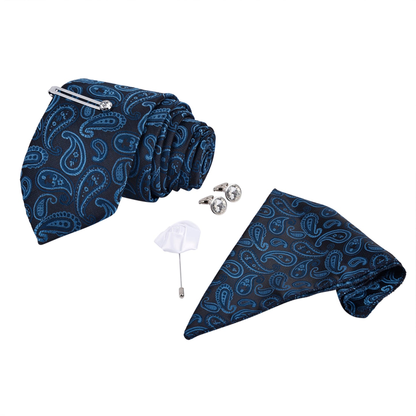 Kari Dark Navy Italian Necktie Set With Pocket Square Silver Tie Pin, Cufflinks & Brooch