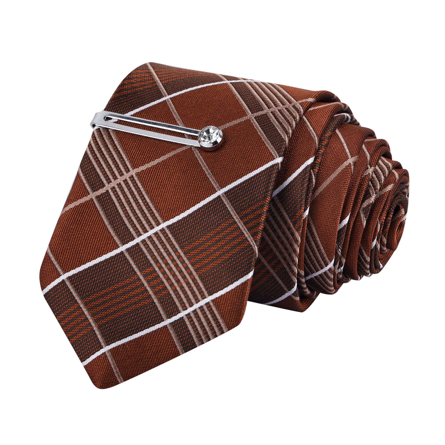 Van Dyke Brown Italian Silk Necktie Set Pocket Square silver Tiepin cufflinks and Brooch