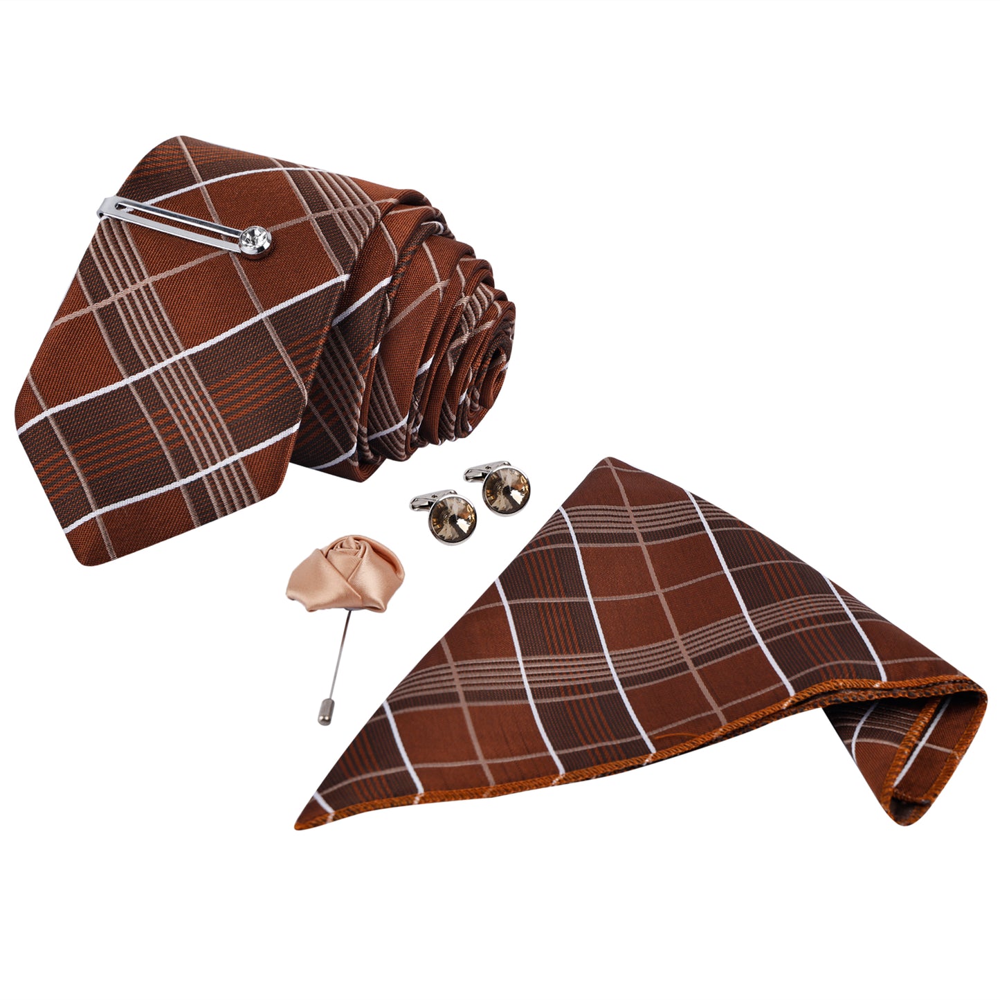 Van Dyke Brown Italian Silk Necktie Set Pocket Square silver Tiepin cufflinks and Brooch