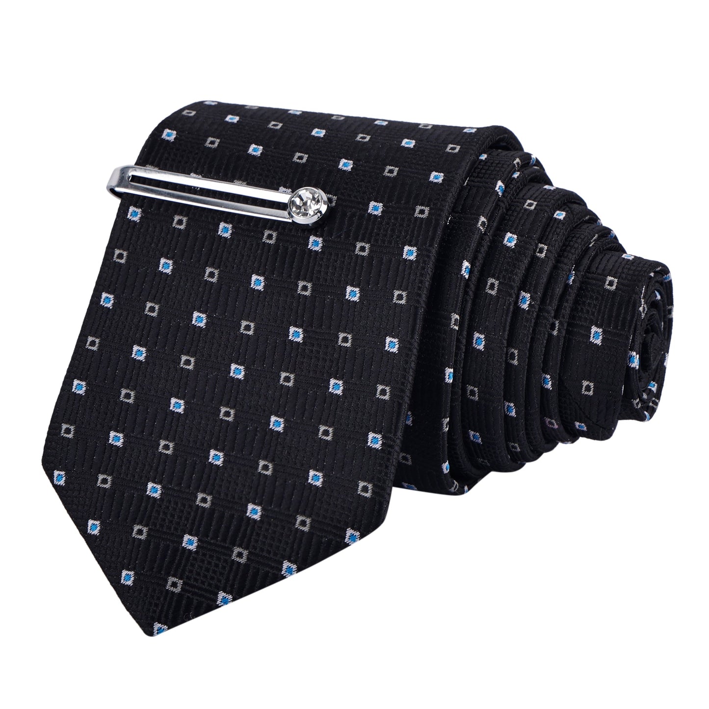 White Dot Black Italian Necktie Set With Pocket Square Silver Tie Pin, Cufflinks & Brooch