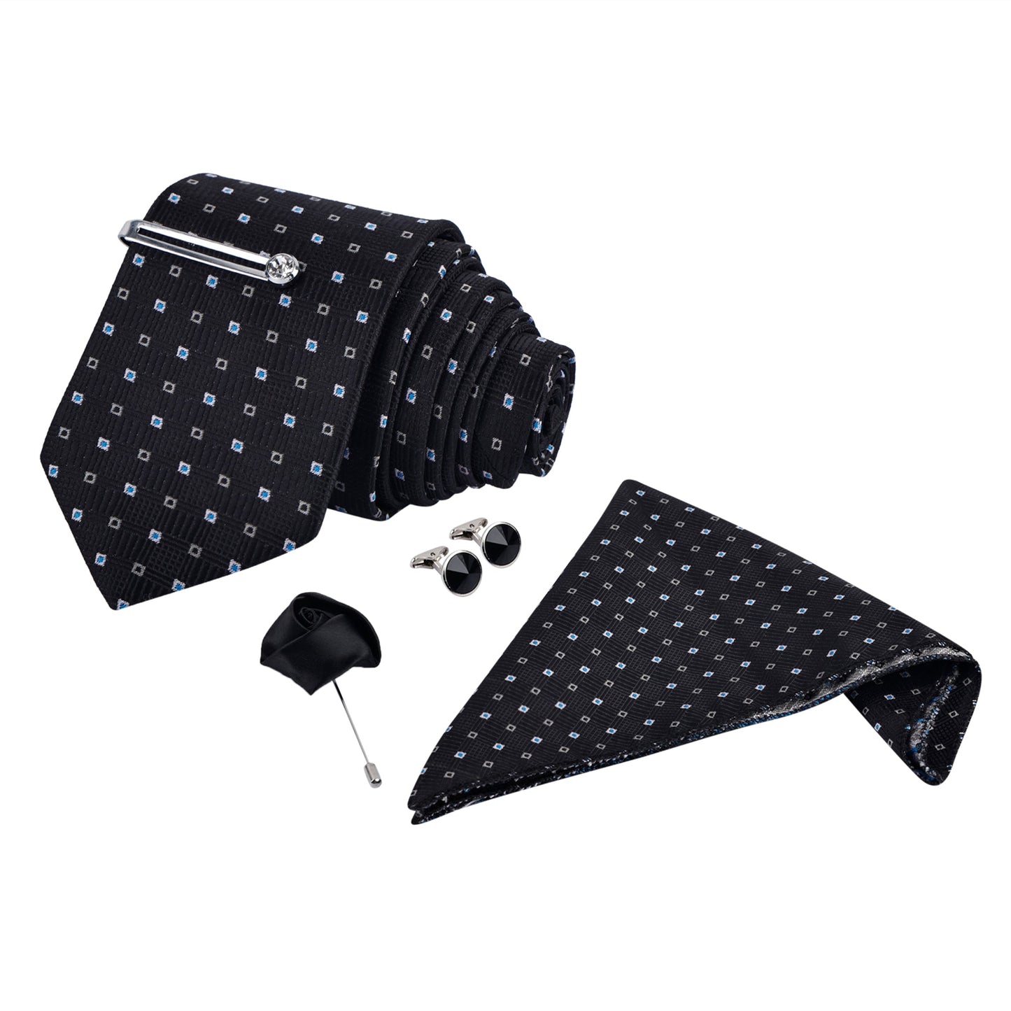 White Dot Black Italian Necktie Set With Pocket Square Silver Tie Pin, Cufflinks & Brooch