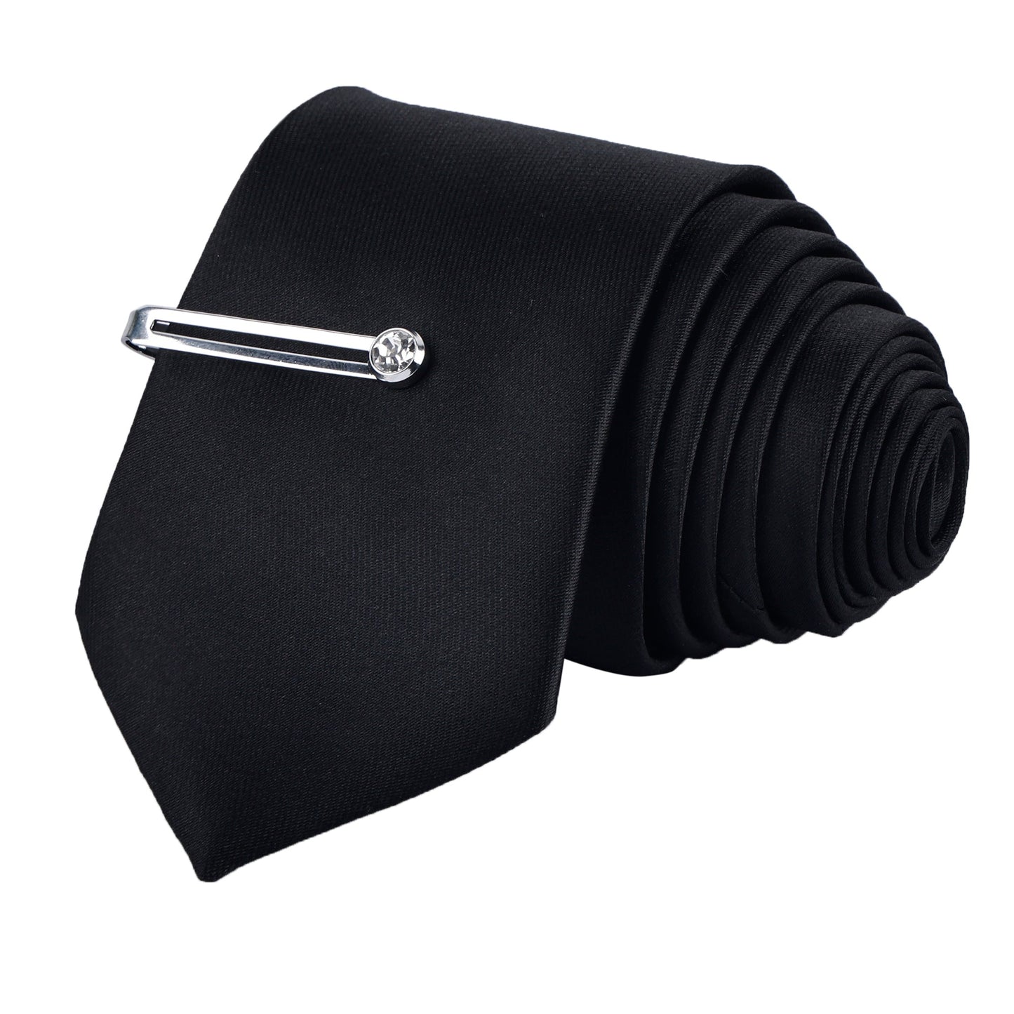 Pearl Black Luxury Solid Necktie Set With Pocket Square Tie Pin, Cufflinks & Brooch