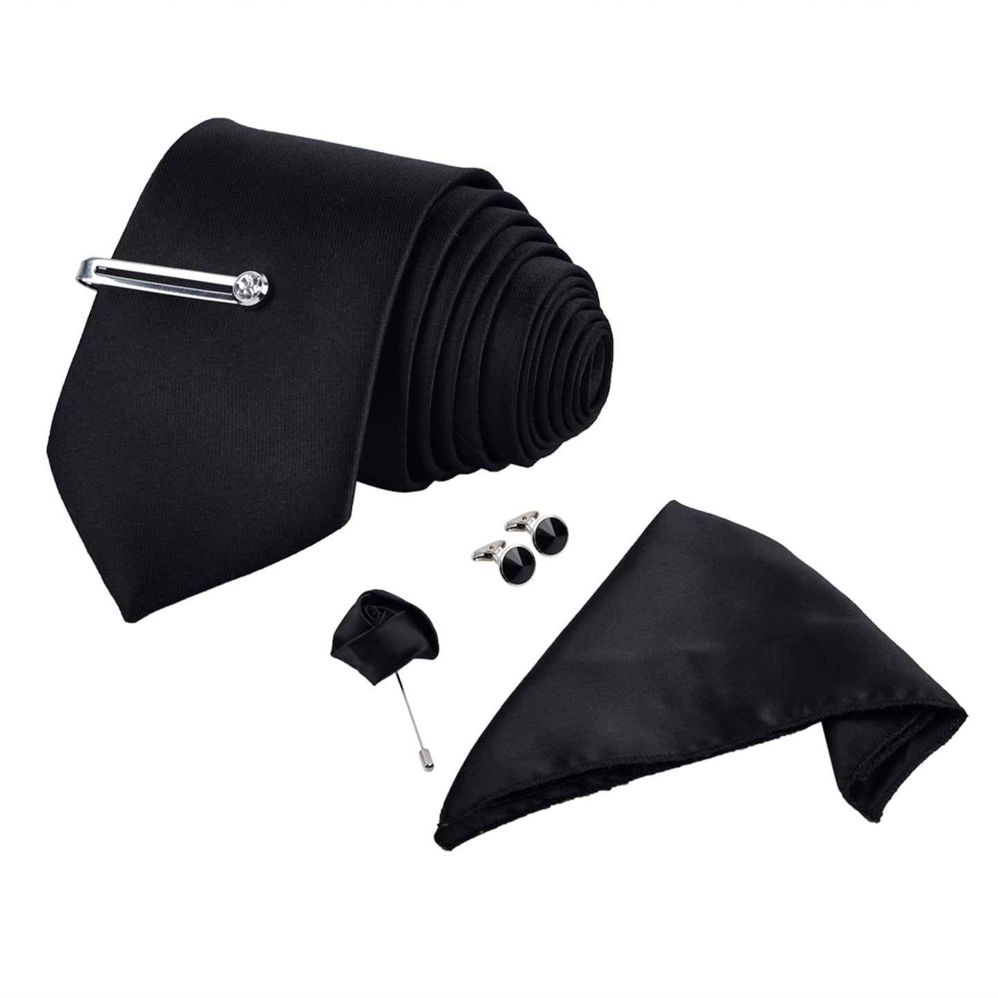 Pearl Black Luxury Solid Necktie Set With Pocket Square Tie Pin, Cufflinks & Brooch