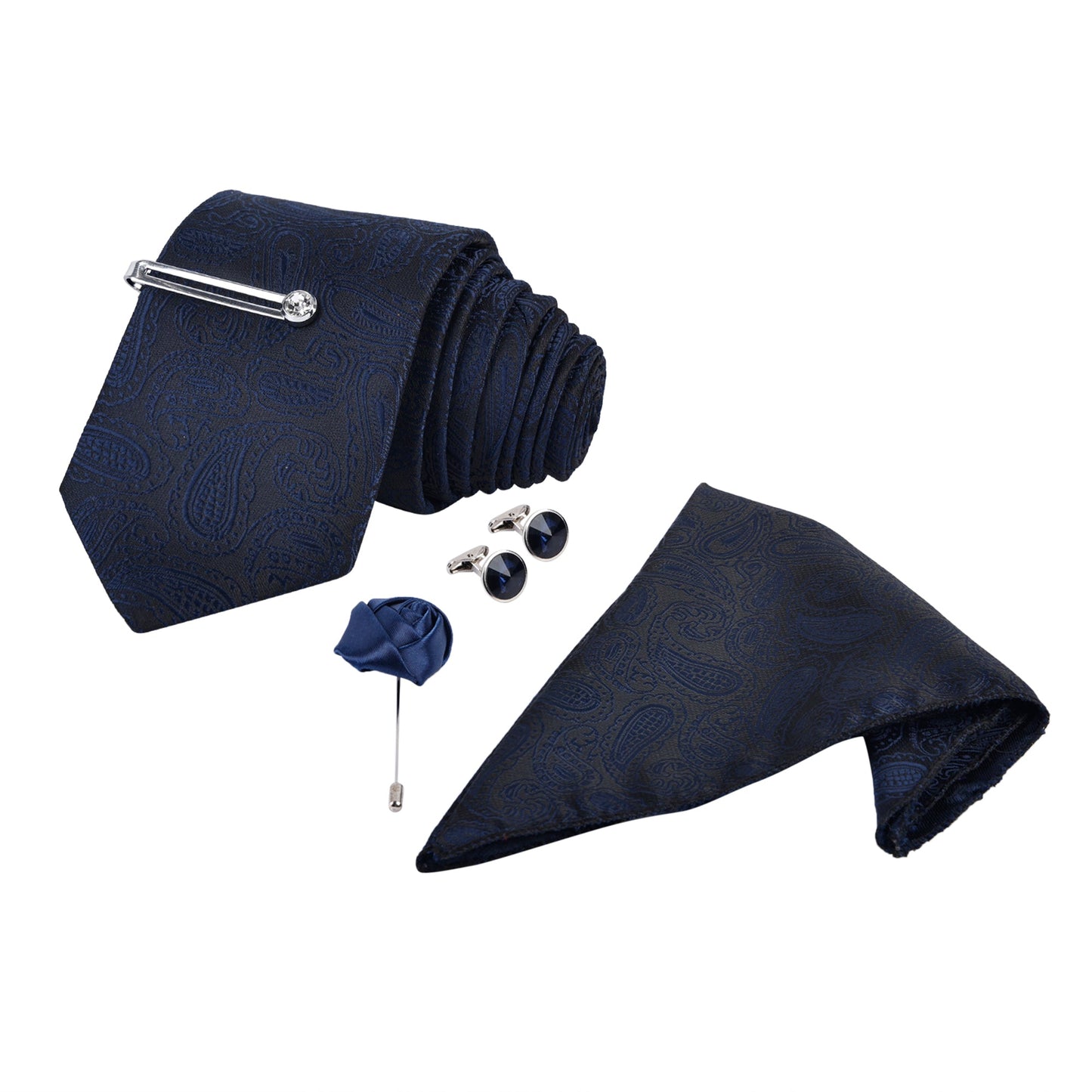 Space Blue Italian Necktie Set With Pocket Square Silver Tie pin, Cufflinks & Brooch