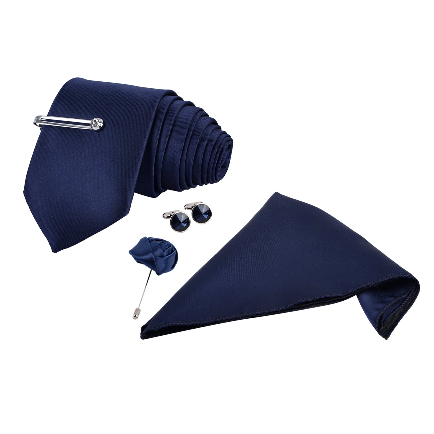 Aegean Blue Luxury Solid Necktie Set With Pocket Square silver Tie Pin, Cufflinks & Brooch