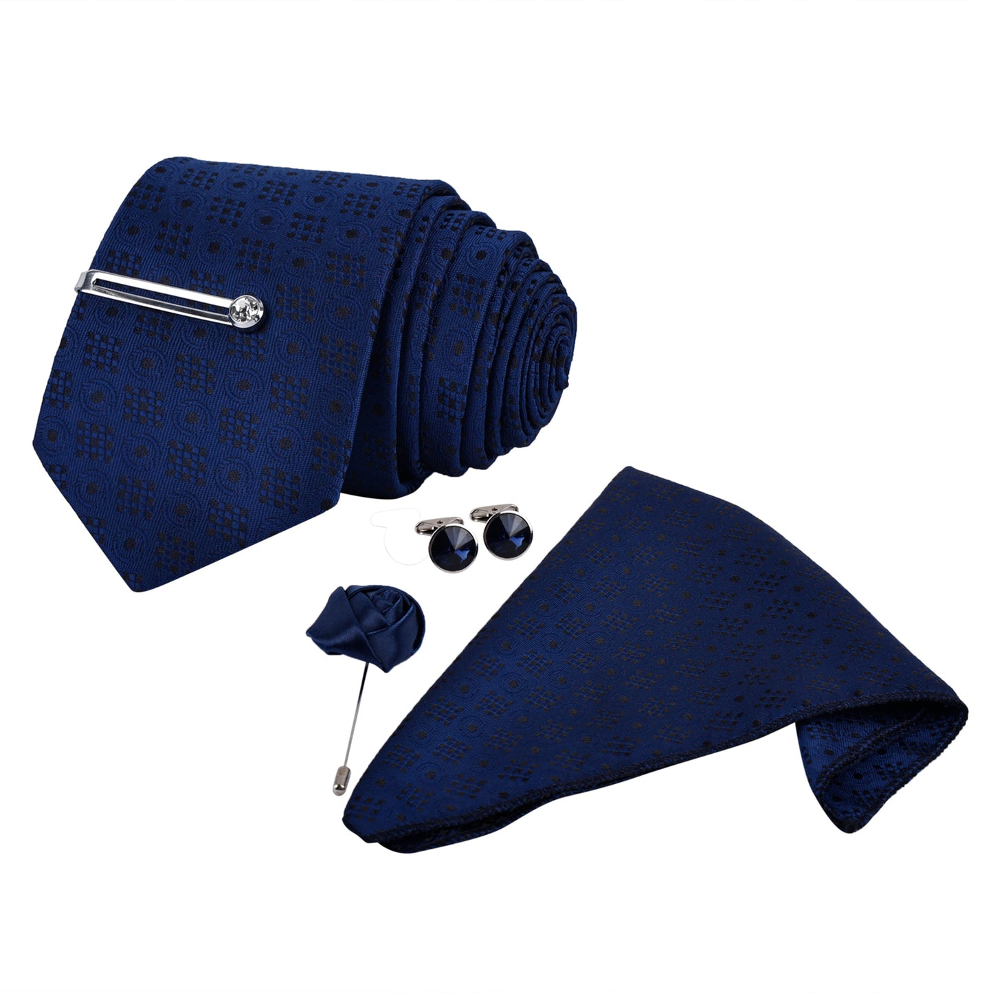 Denim Blue Italian Necktie Set With Pocket Square Silver Tie Pin, Cufflinks & Brooch