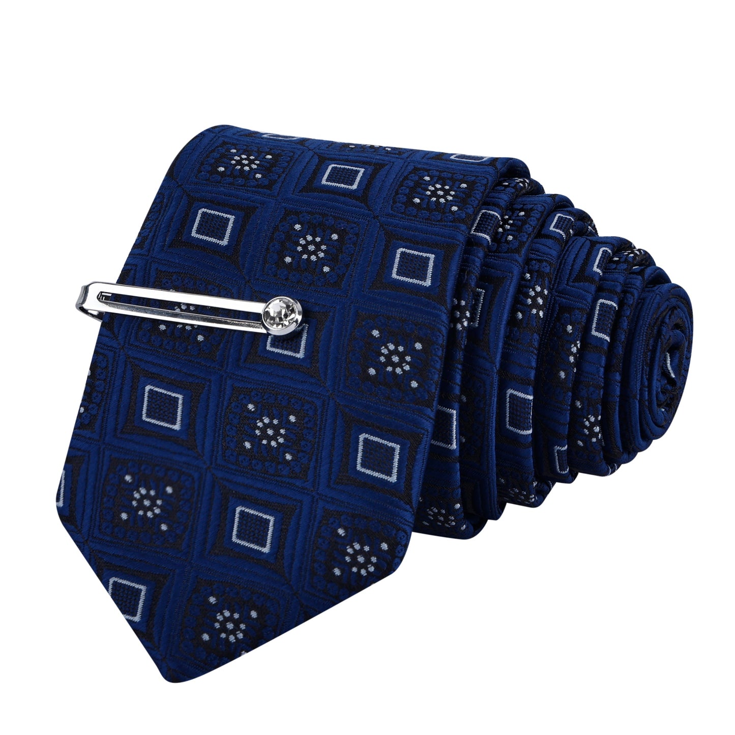 Indigo Blue Italian Necktie Set With Pocket Square Silver Tie Pin, Cufflinks & Brooch
