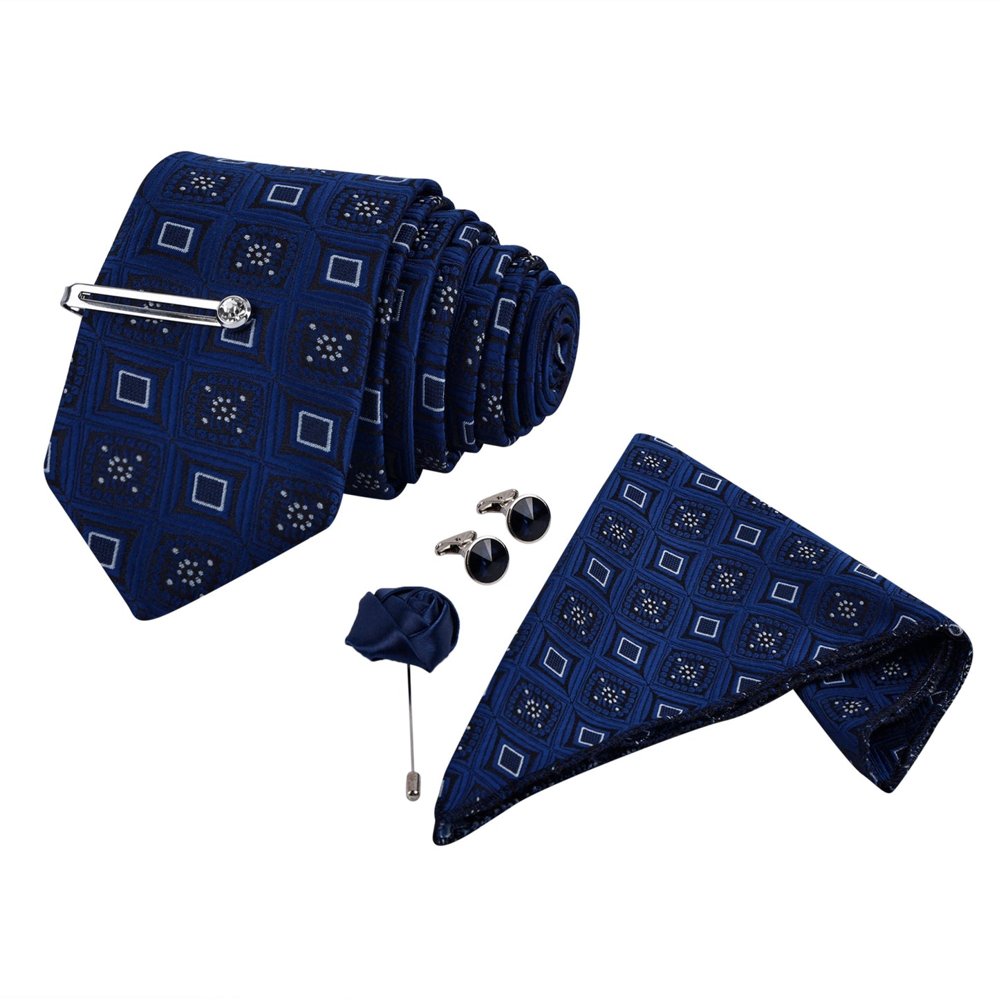 Indigo Blue Italian Necktie Set With Pocket Square Silver Tie Pin, Cufflinks & Brooch