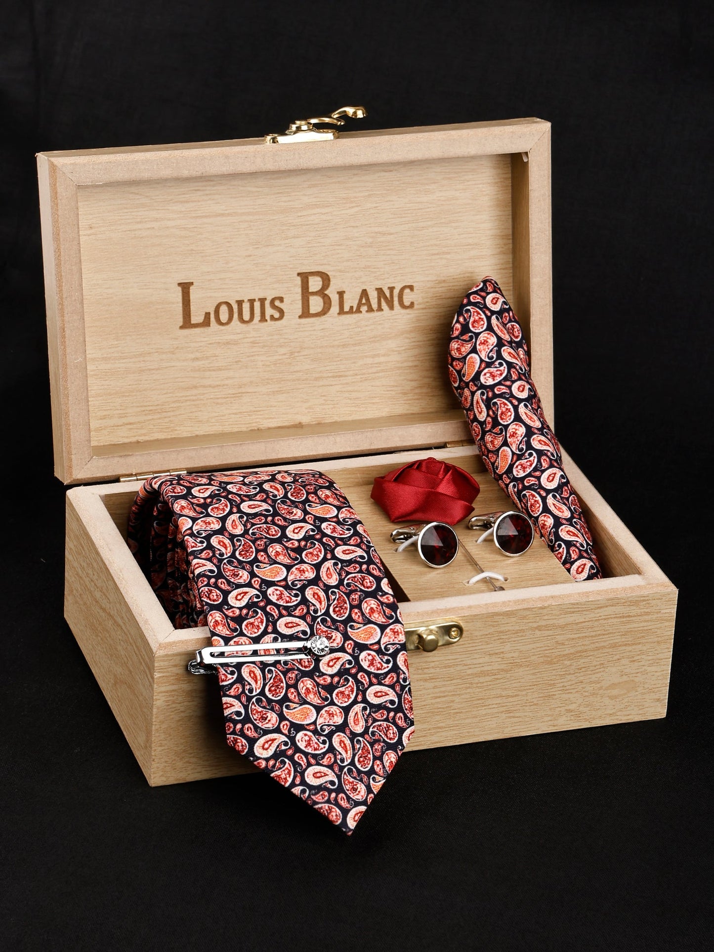 Royal Black Italian Silk Set Pocket Square Tiepin, Cufflinks & Brooch.