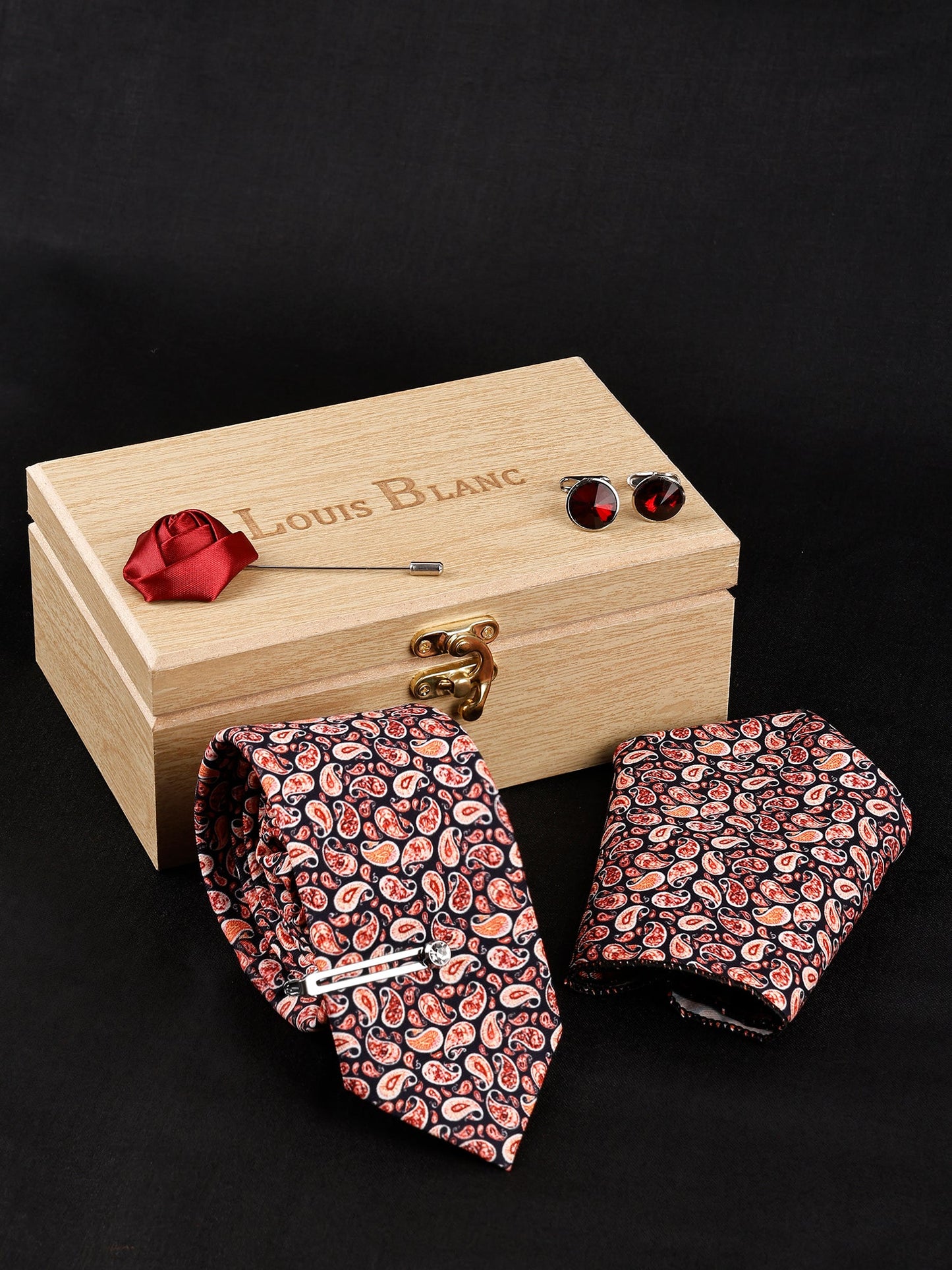 Royal Black Italian Silk Set Pocket Square Tiepin, Cufflinks & Brooch.