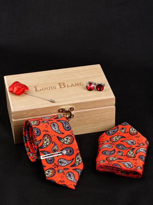 International Orange Luxury Italian Silk Necktie Set With Pocket Square Silver Tie Pin, Cufflinks & Brooch