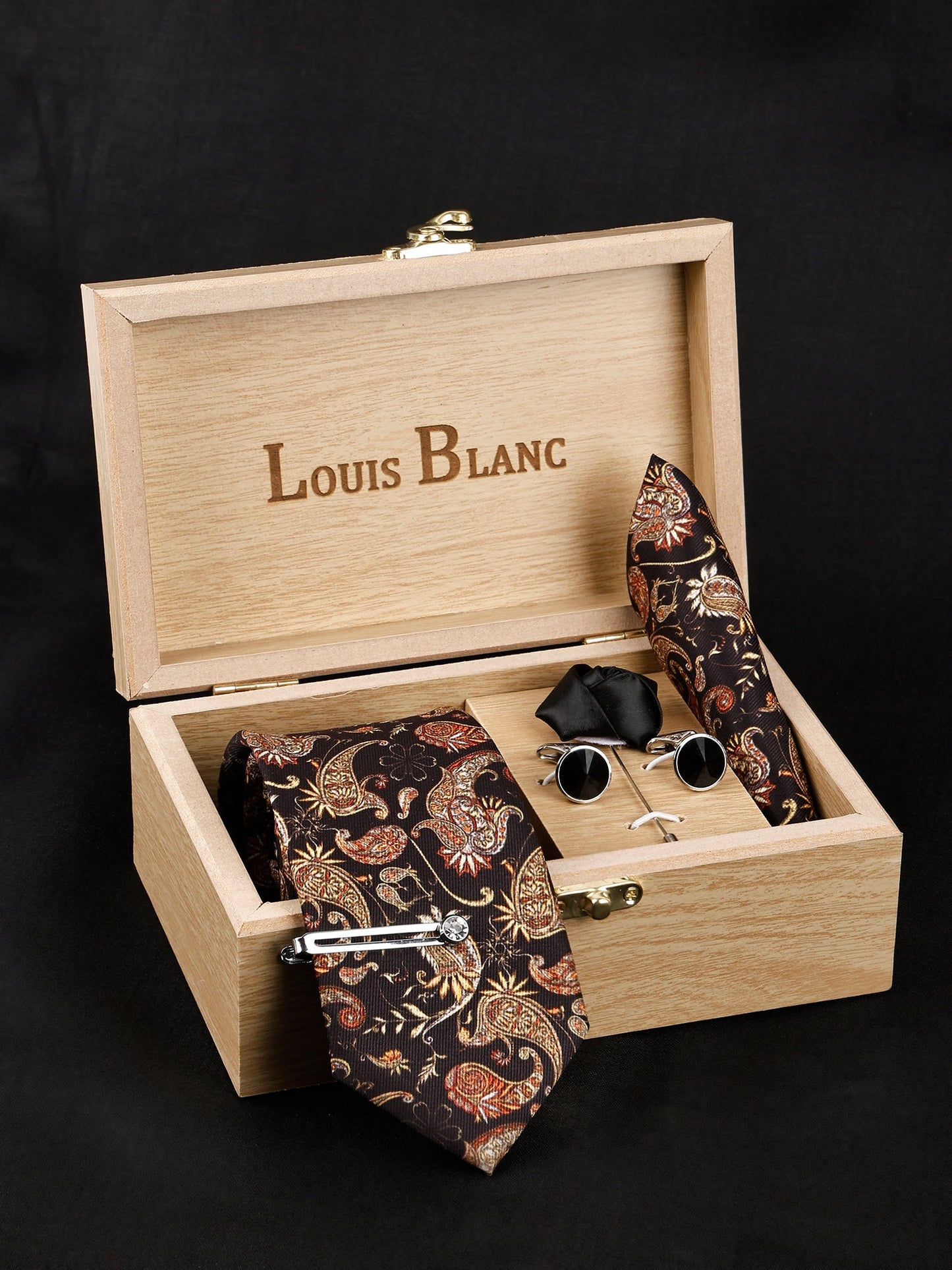 Ravan Black Luxury Italian Silk Necktie Set With Pocket Square Silver Tie Pin, Cufflinks & Brooch