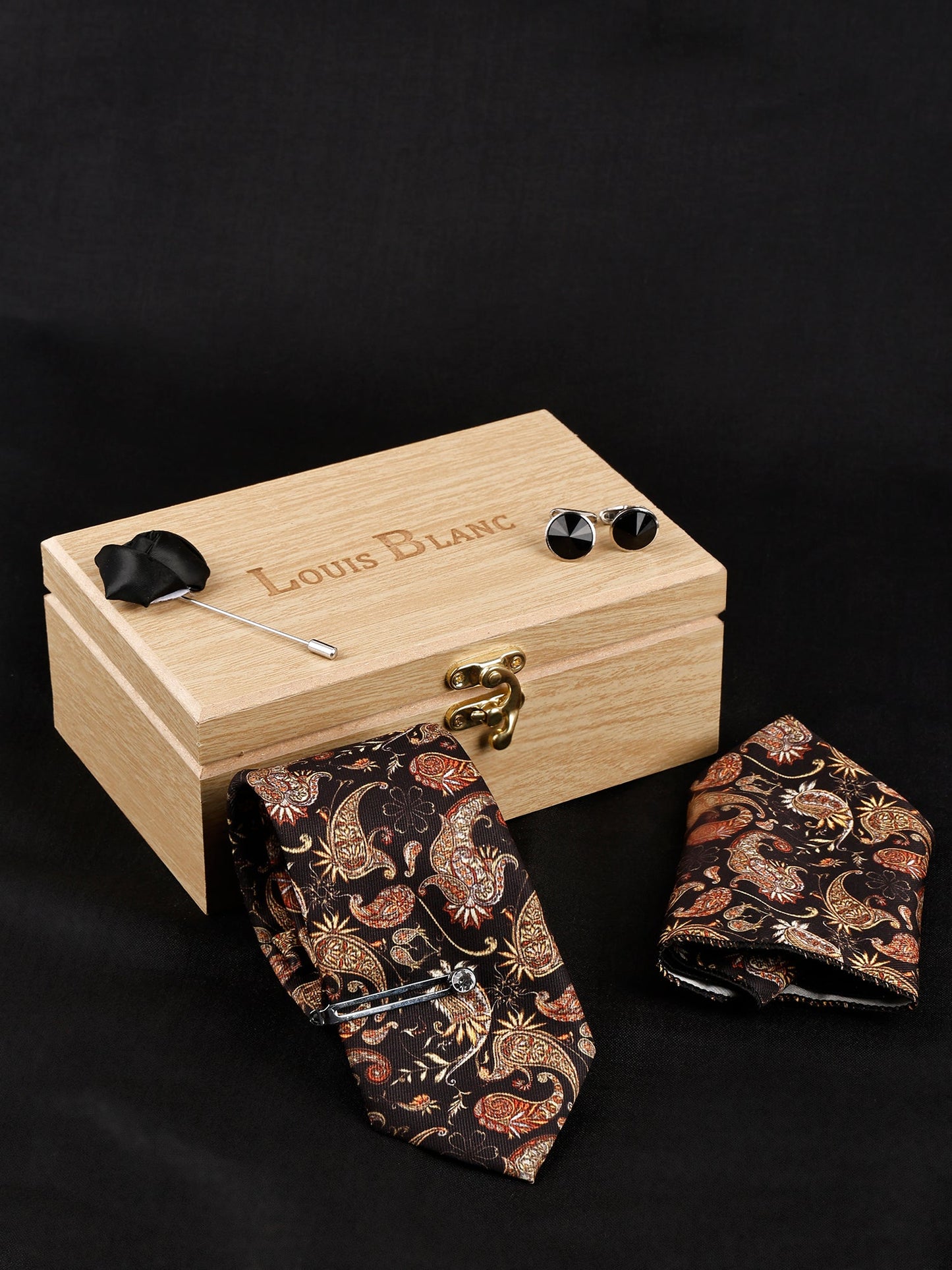 Ravan Black Luxury Italian Silk Necktie Set With Pocket Square Silver Tie Pin, Cufflinks & Brooch