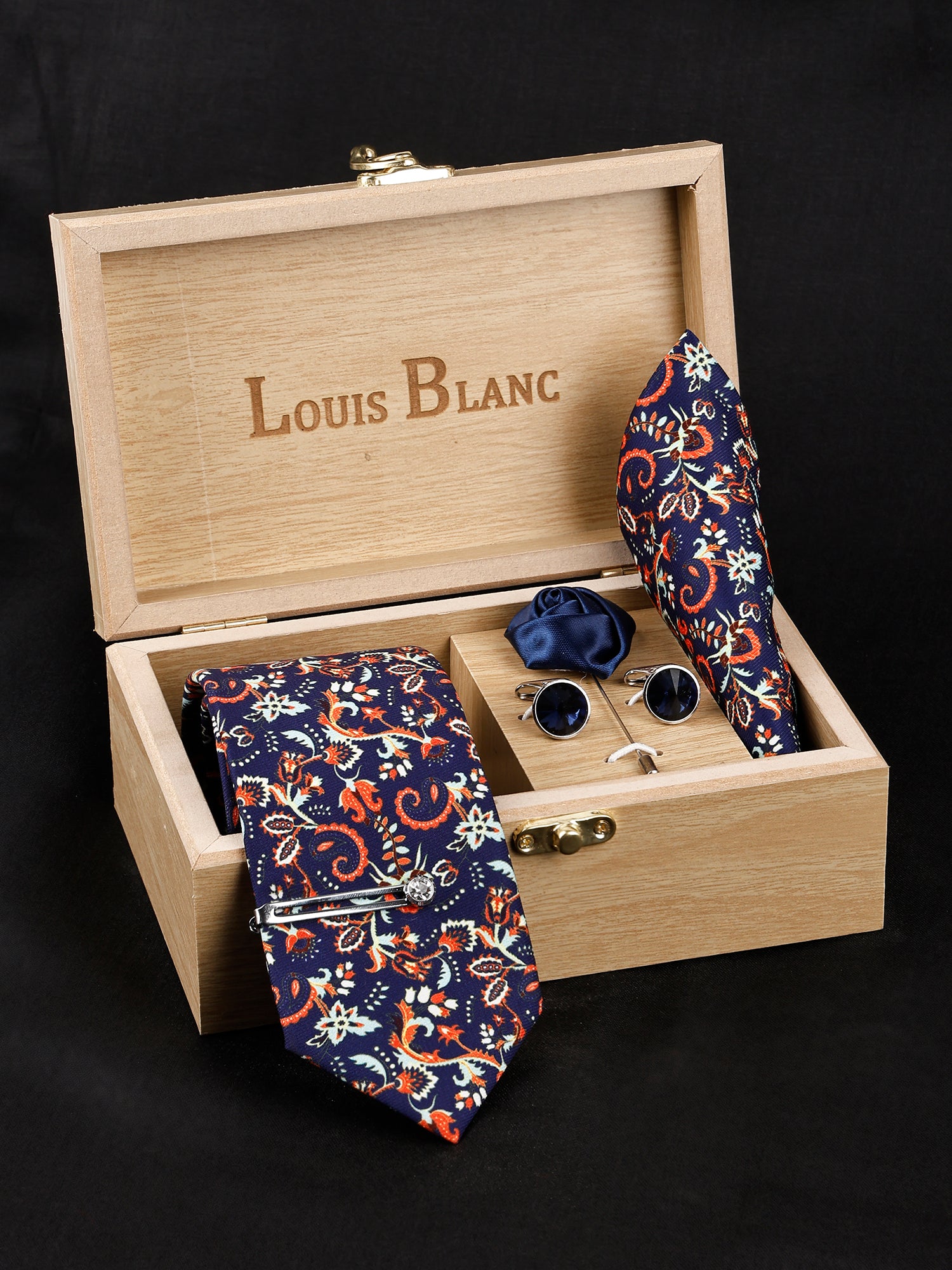Cerulean Blue Luxury Italian Silk Necktie Set With Pocket Square Silver Tie Pin, Cufflinks & Brooch